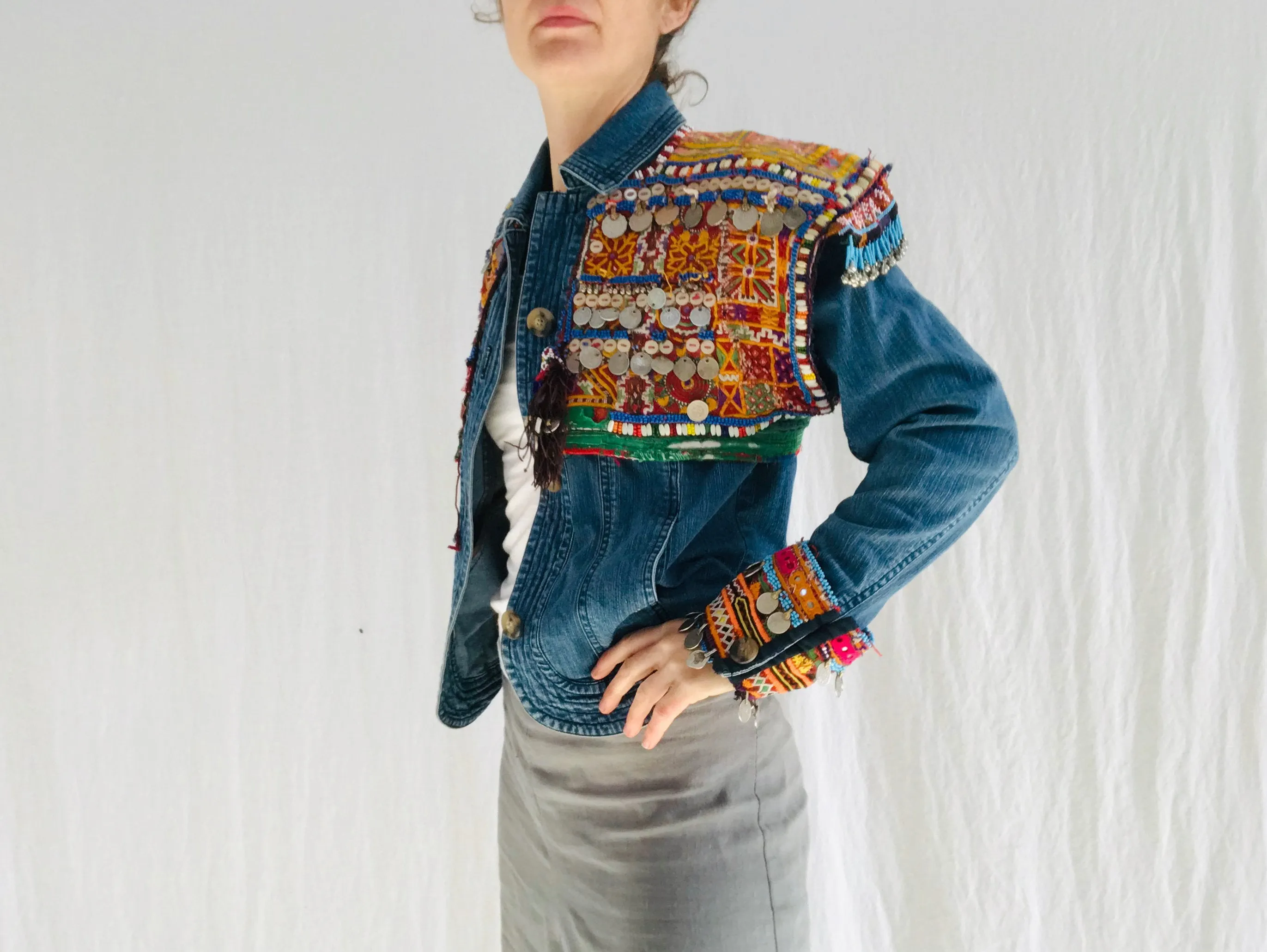 Vintage Balochi Repurposed Denim Jacket. Size M. Embroidered Beaded and Coined