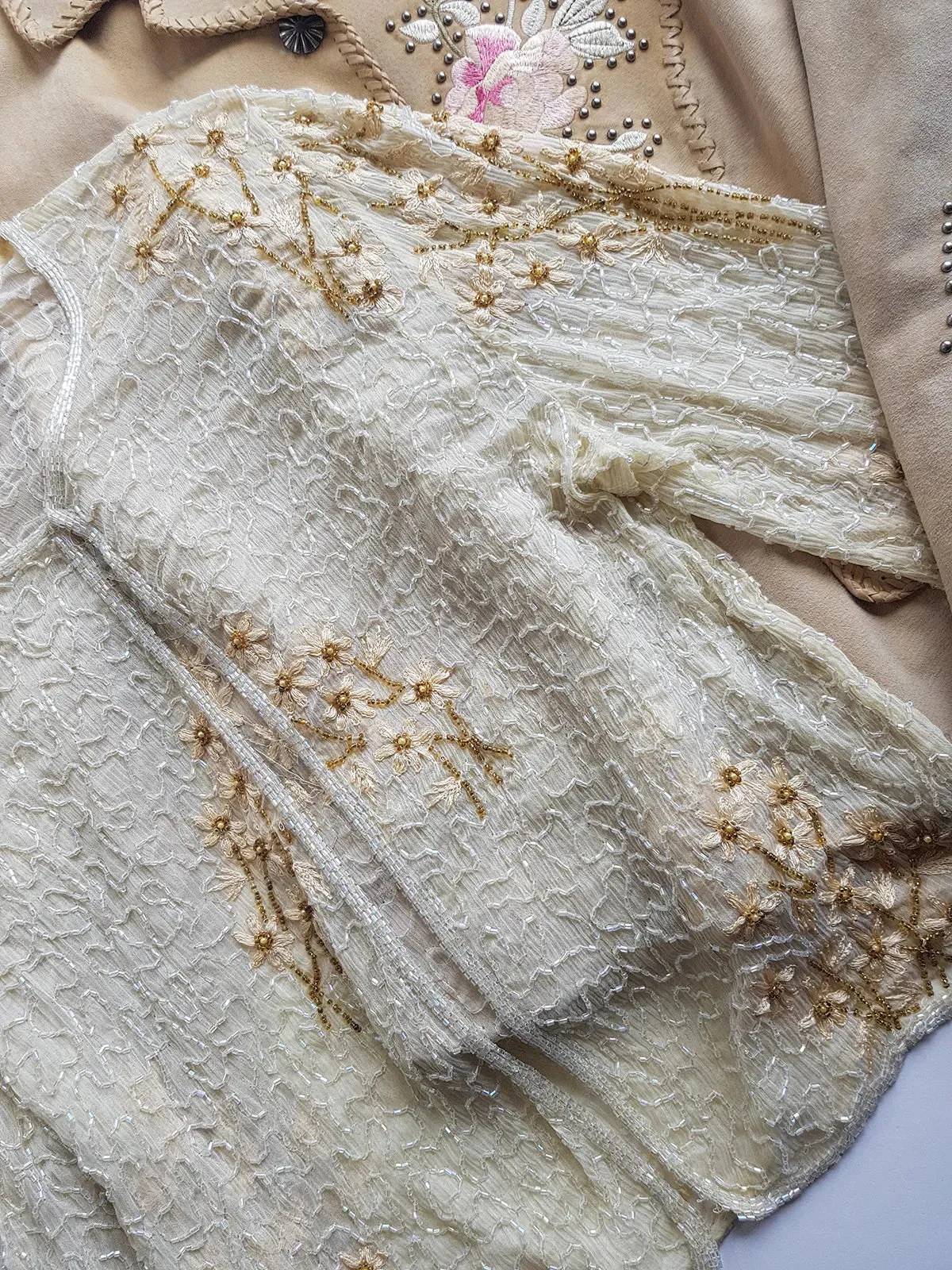 Vintage Ethereal 100% Silk - Bridal Quality Cream & Gold Flowers - Handmade Fully Beaded Jacket