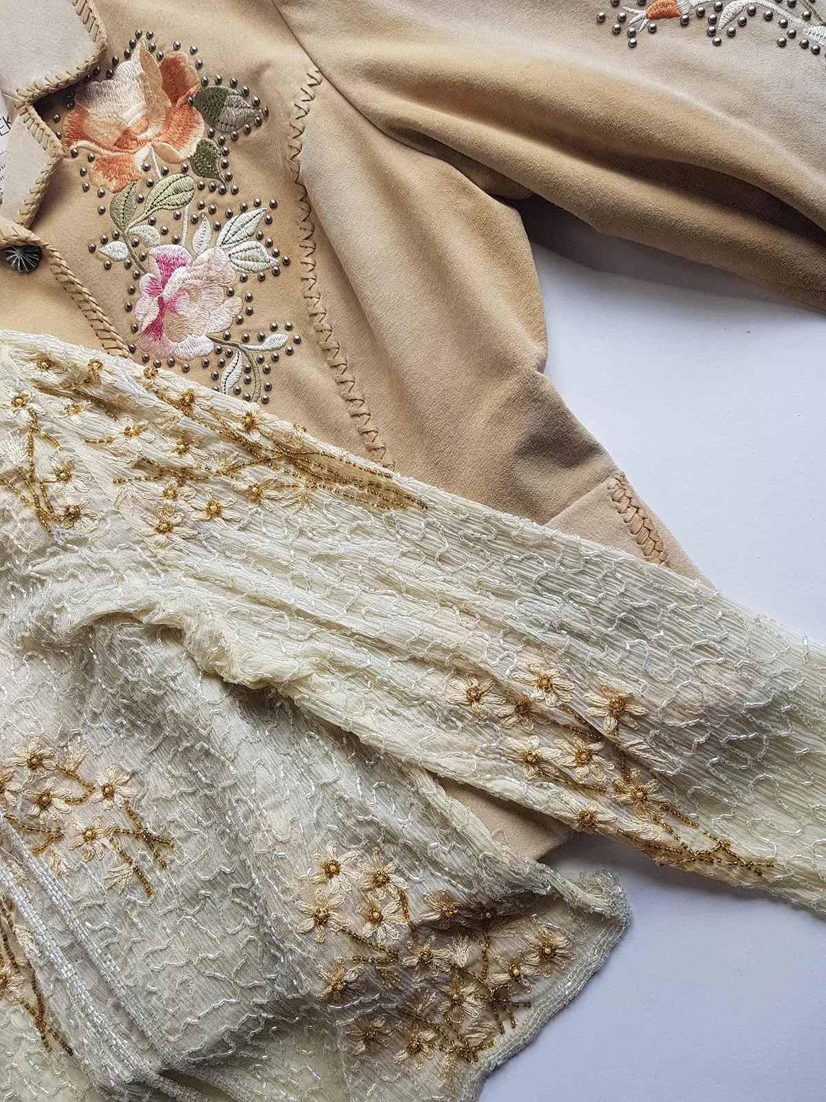 Vintage Ethereal 100% Silk - Bridal Quality Cream & Gold Flowers - Handmade Fully Beaded Jacket