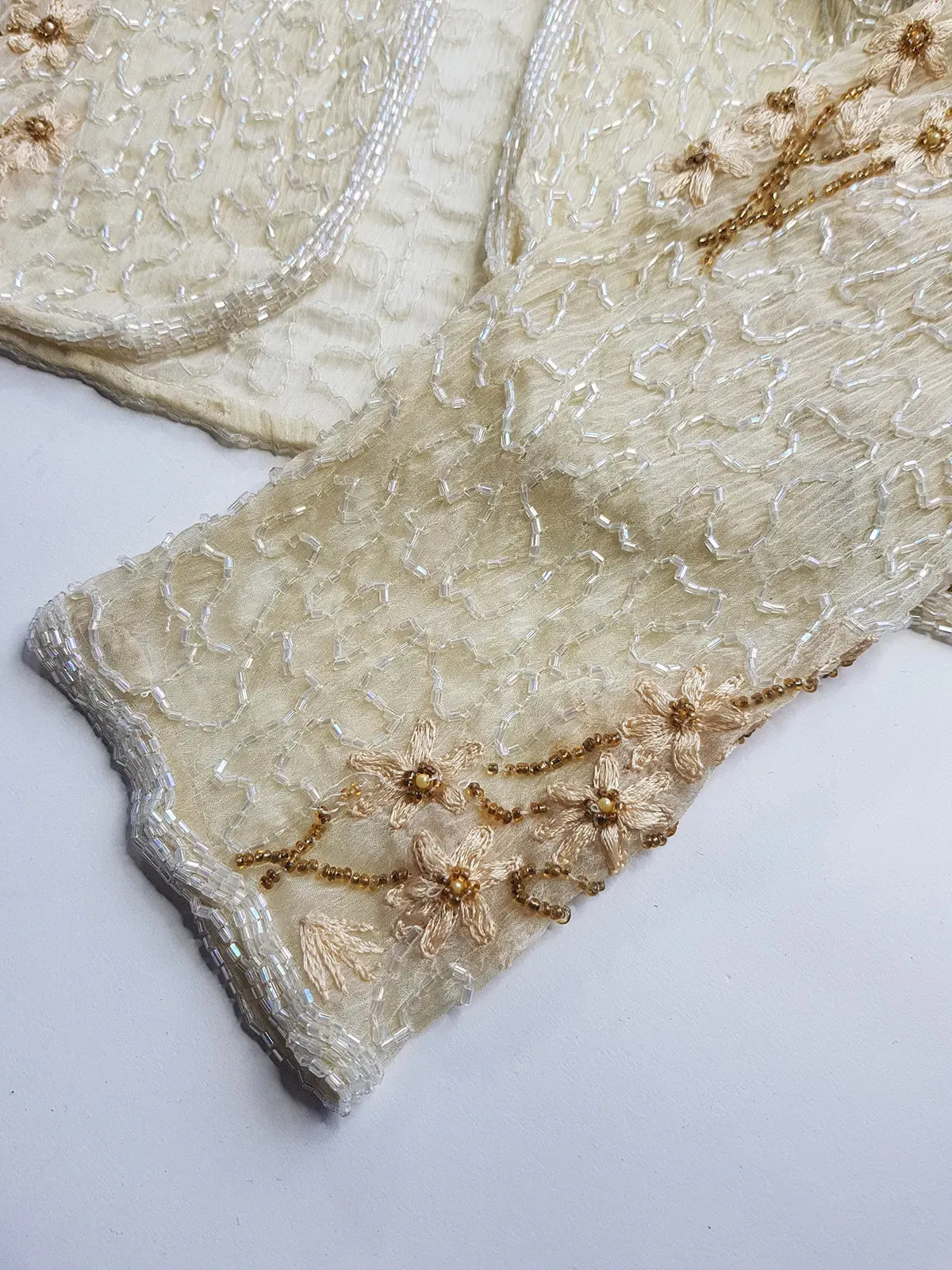 Vintage Ethereal 100% Silk - Bridal Quality Cream & Gold Flowers - Handmade Fully Beaded Jacket