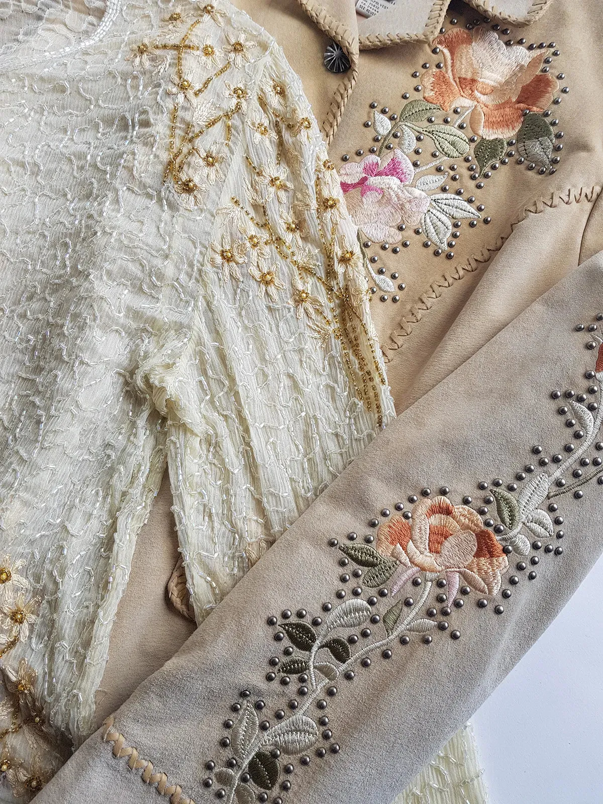 Vintage Ethereal 100% Silk - Bridal Quality Cream & Gold Flowers - Handmade Fully Beaded Jacket