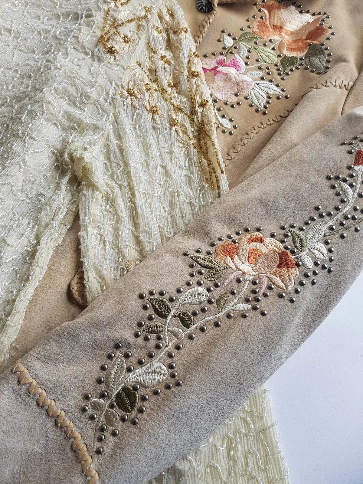 Vintage Ethereal 100% Silk - Bridal Quality Cream & Gold Flowers - Handmade Fully Beaded Jacket