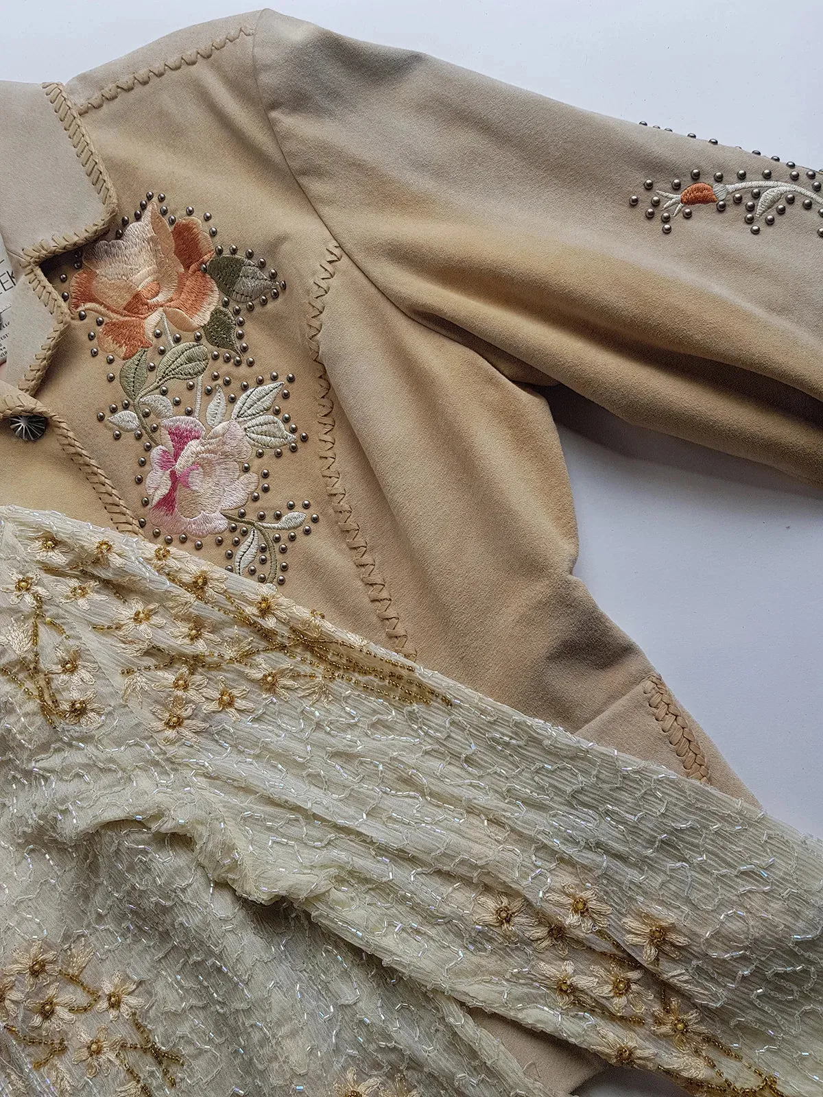 Vintage Ethereal 100% Silk - Bridal Quality Cream & Gold Flowers - Handmade Fully Beaded Jacket