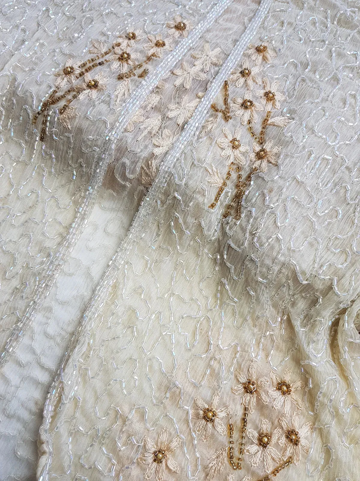 Vintage Ethereal 100% Silk - Bridal Quality Cream & Gold Flowers - Handmade Fully Beaded Jacket