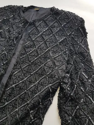 Vintage Silk Spectacular Sparkling Diamond Pattern Heavily Beaded Jacket in Black - Immaculate - Hand Beaded - Bridal Quality