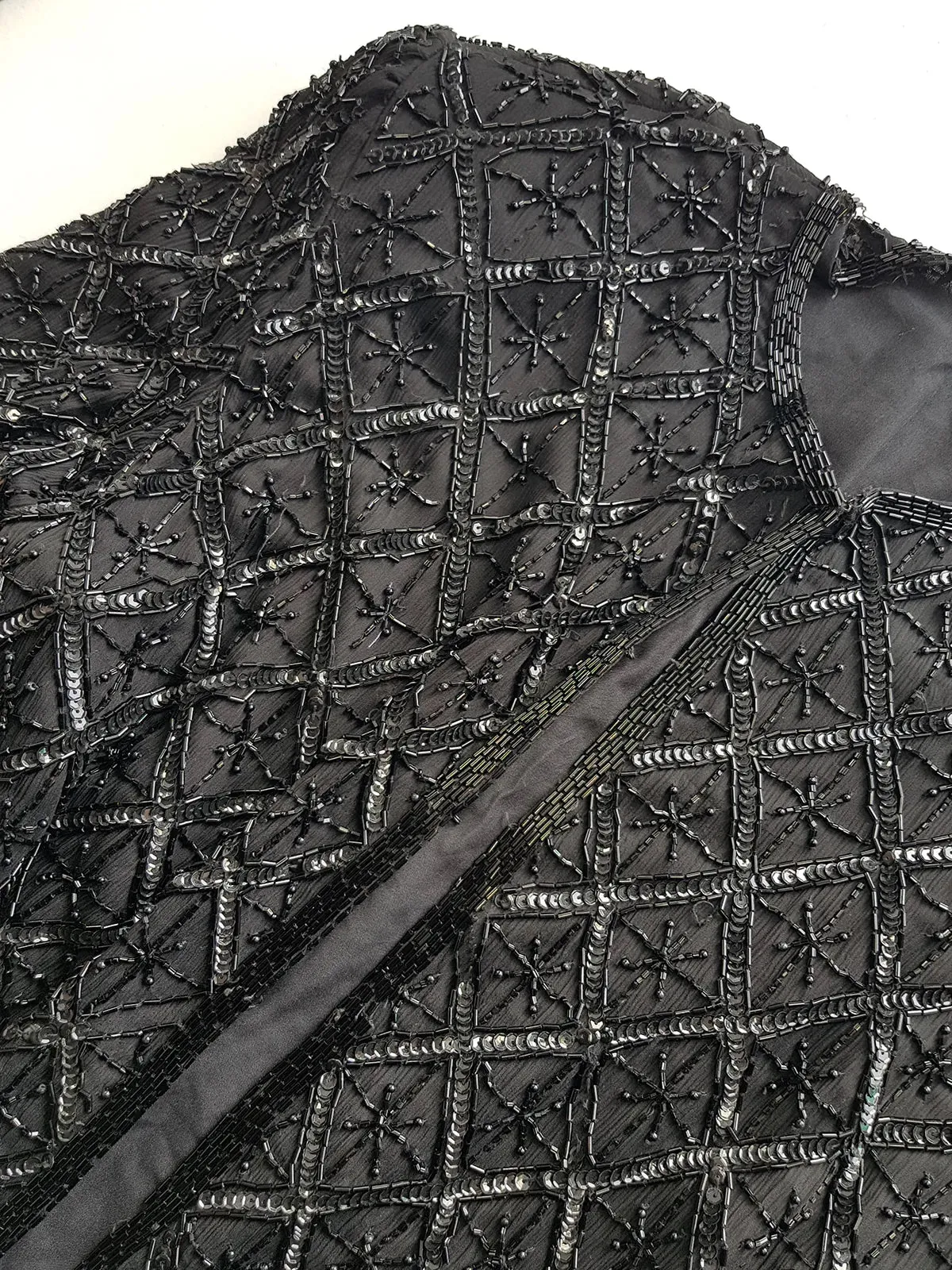 Vintage Silk Spectacular Sparkling Diamond Pattern Heavily Beaded Jacket in Black - Immaculate - Hand Beaded - Bridal Quality