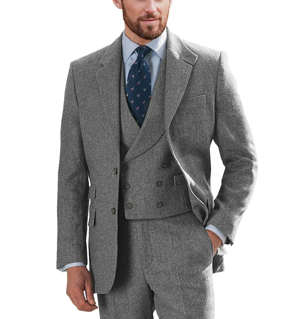 Wedding 3 Pieces Mens Suit Herringbone Notch Lapel for Men (Blazer vest Pants)