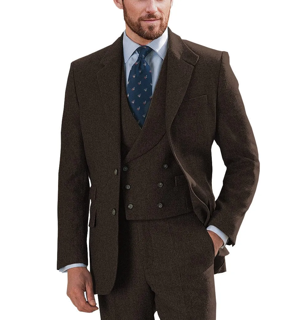 Wedding 3 Pieces Mens Suit Herringbone Notch Lapel for Men (Blazer vest Pants)