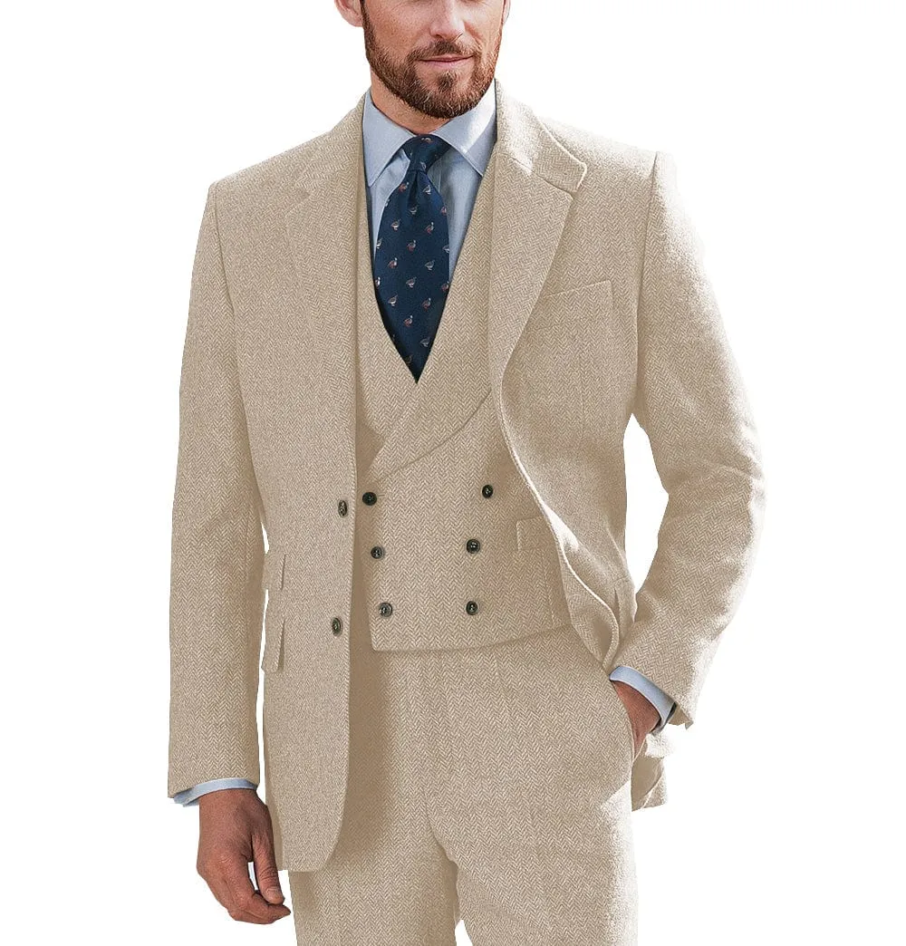 Wedding 3 Pieces Mens Suit Herringbone Notch Lapel for Men (Blazer vest Pants)