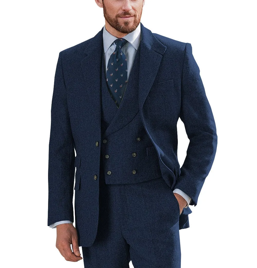 Wedding 3 Pieces Mens Suit Herringbone Notch Lapel for Men (Blazer vest Pants)