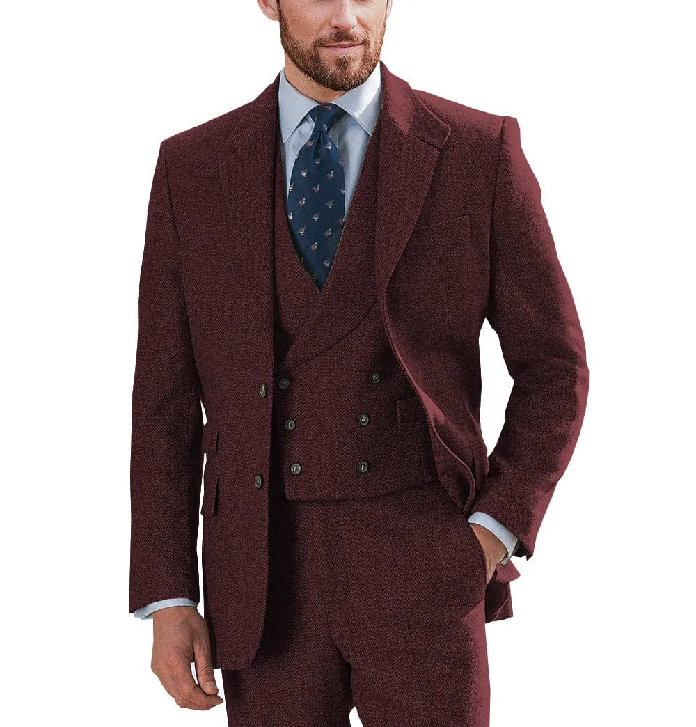Wedding 3 Pieces Mens Suit Herringbone Notch Lapel for Men (Blazer vest Pants)