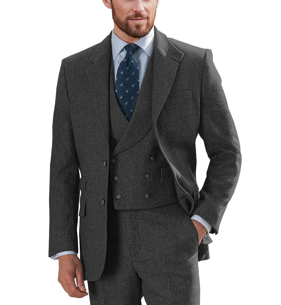 Wedding 3 Pieces Mens Suit Herringbone Notch Lapel for Men (Blazer vest Pants)