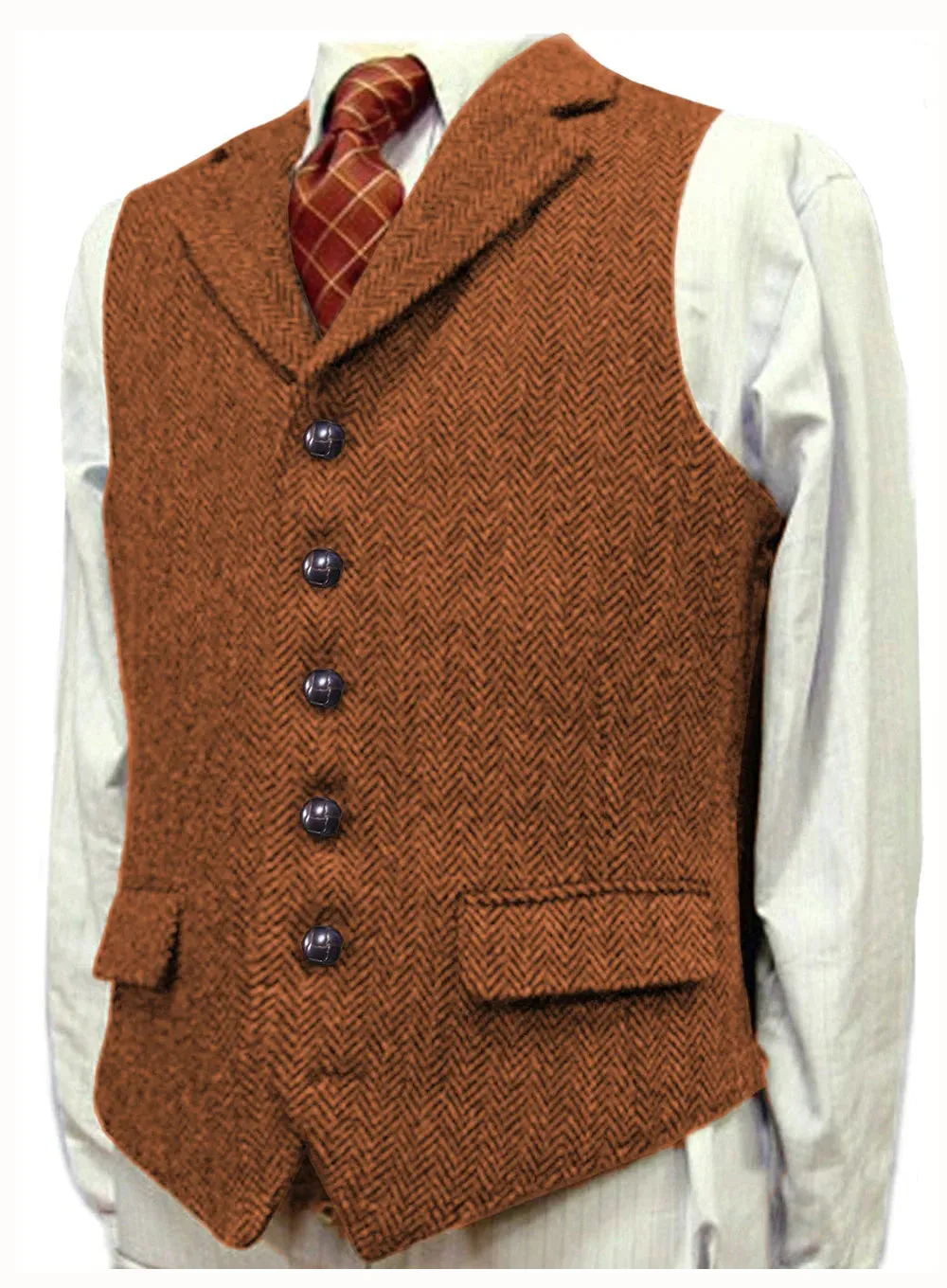 Wiaofellas  -  Herringbone Men's Vests V Neck Boutique Herringbone Wool Tweed Slim Fit Waistcoat Casual Formal Business Groomman for Wedding