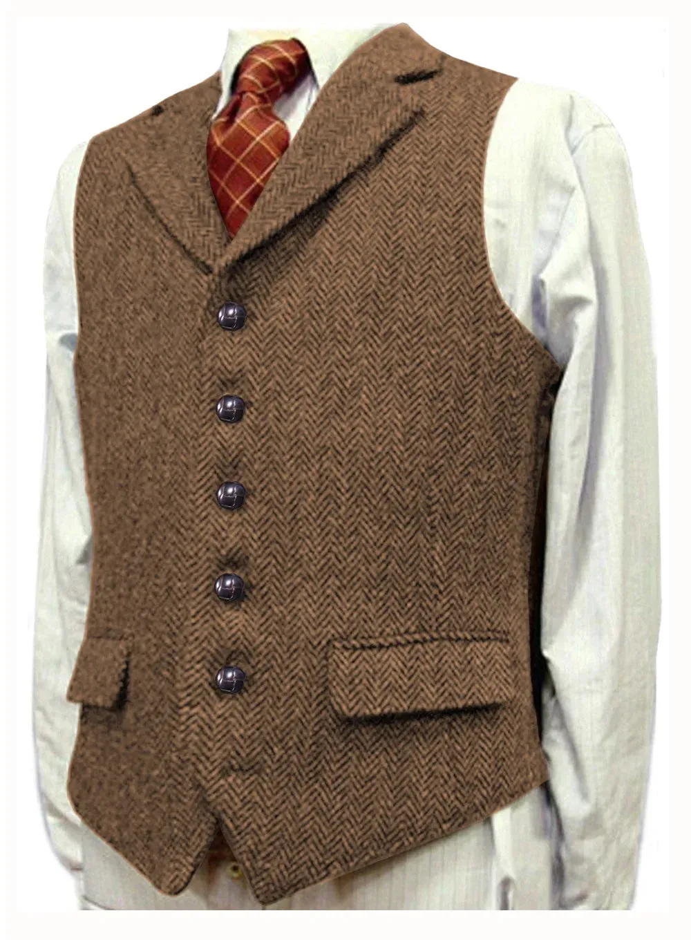 Wiaofellas  -  Herringbone Men's Vests V Neck Boutique Herringbone Wool Tweed Slim Fit Waistcoat Casual Formal Business Groomman for Wedding