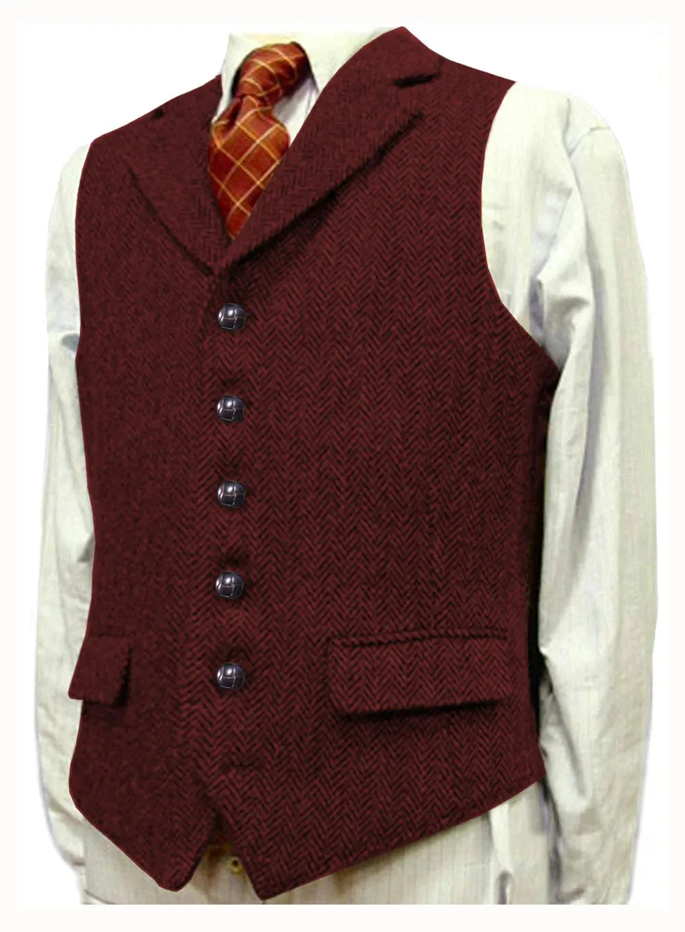 Wiaofellas  -  Herringbone Men's Vests V Neck Boutique Herringbone Wool Tweed Slim Fit Waistcoat Casual Formal Business Groomman for Wedding