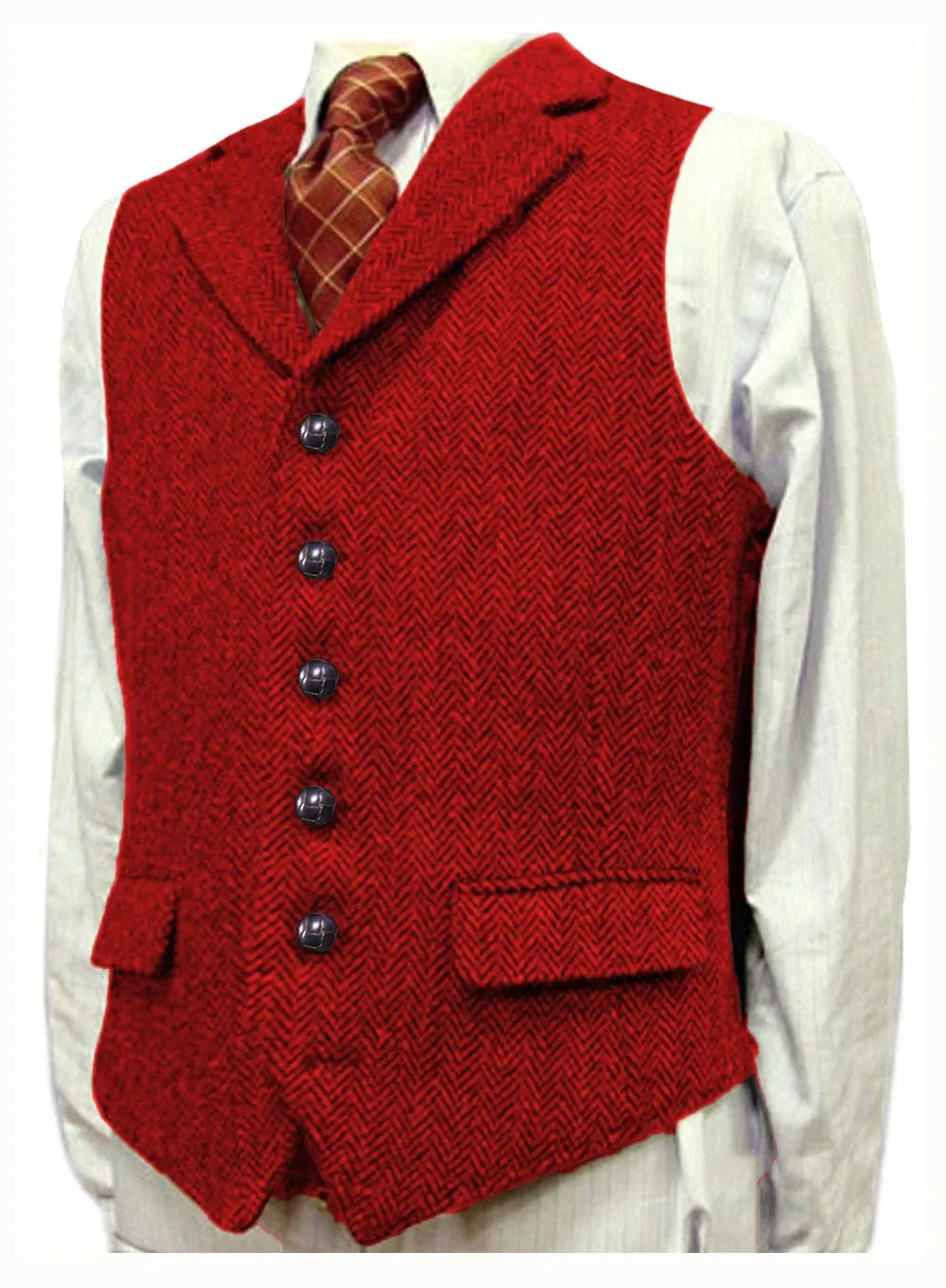 Wiaofellas  -  Herringbone Men's Vests V Neck Boutique Herringbone Wool Tweed Slim Fit Waistcoat Casual Formal Business Groomman for Wedding