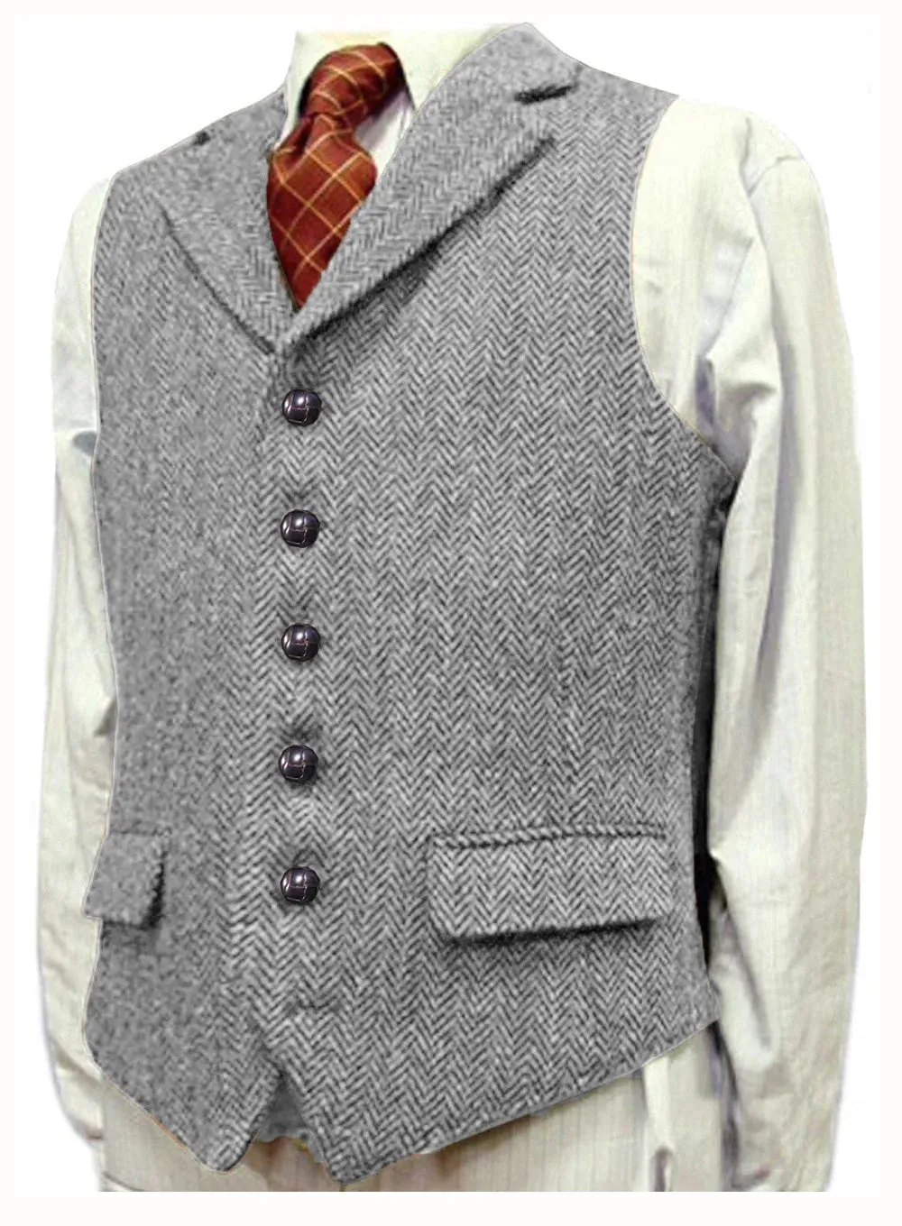 Wiaofellas  -  Herringbone Men's Vests V Neck Boutique Herringbone Wool Tweed Slim Fit Waistcoat Casual Formal Business Groomman for Wedding