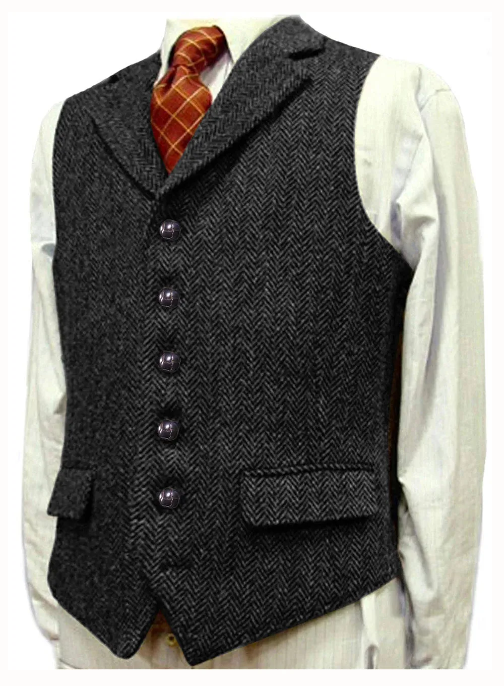 Wiaofellas  -  Herringbone Men's Vests V Neck Boutique Herringbone Wool Tweed Slim Fit Waistcoat Casual Formal Business Groomman for Wedding