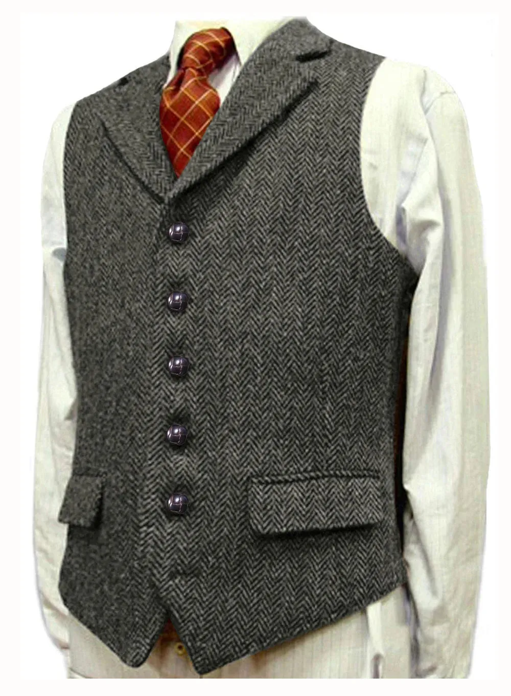 Wiaofellas  -  Herringbone Men's Vests V Neck Boutique Herringbone Wool Tweed Slim Fit Waistcoat Casual Formal Business Groomman for Wedding