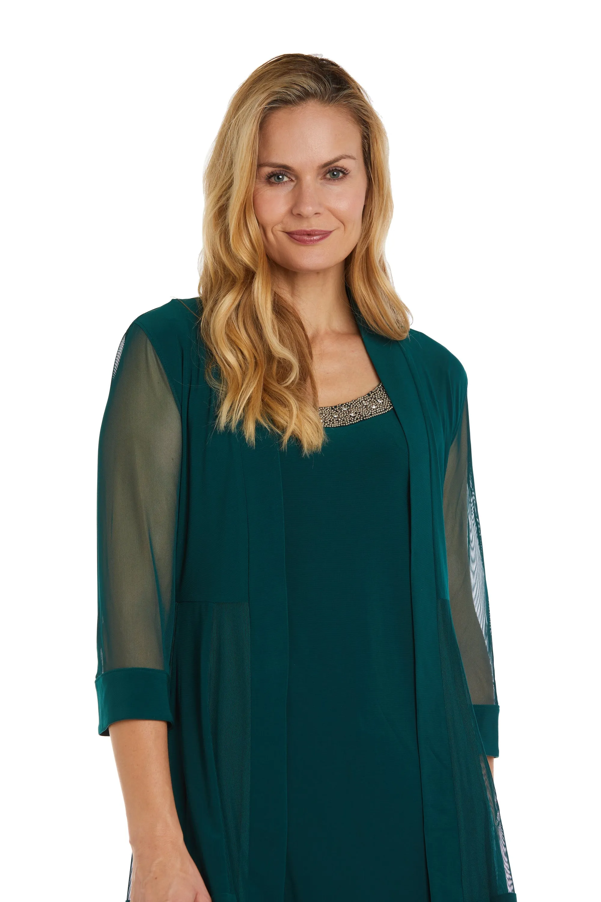 Women Beaded Neck Jacket Dress with Sheer Sleeves