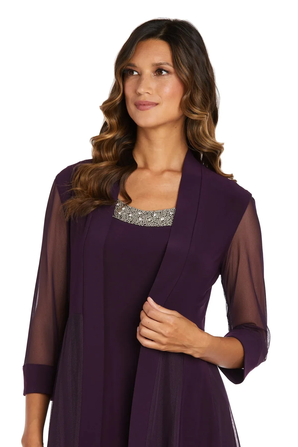 Women Beaded Neck Jacket Dress with Sheer Sleeves