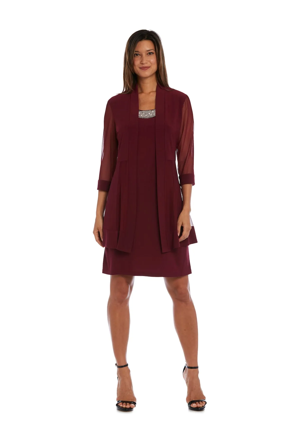 Women Beaded Neck Jacket Dress with Sheer Sleeves