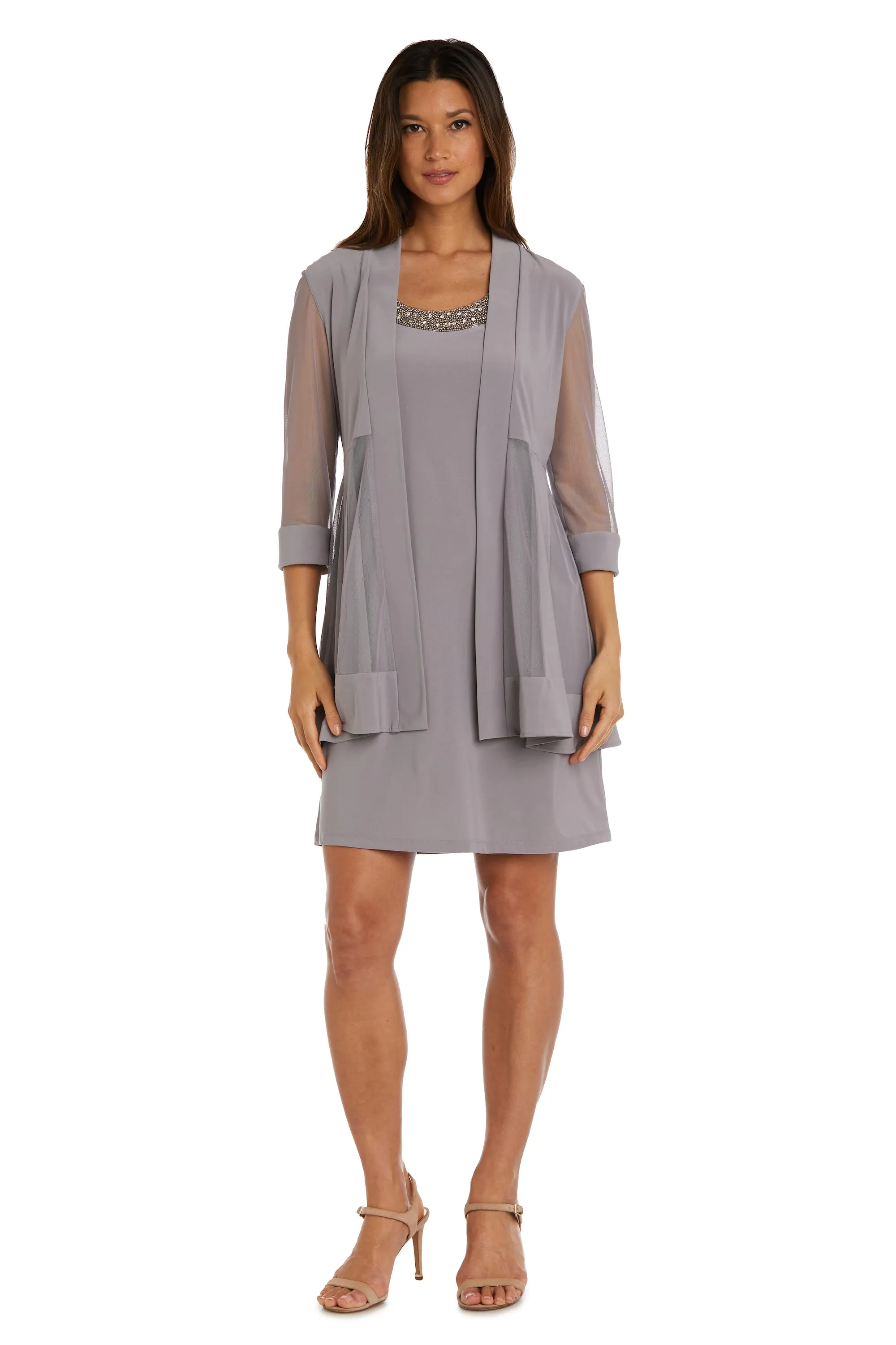 Women Beaded Neck Jacket Dress with Sheer Sleeves