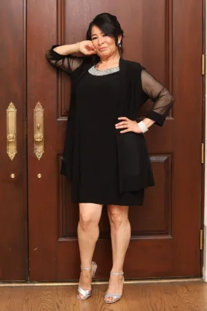 Women Beaded Neck Jacket Dress with Sheer Sleeves