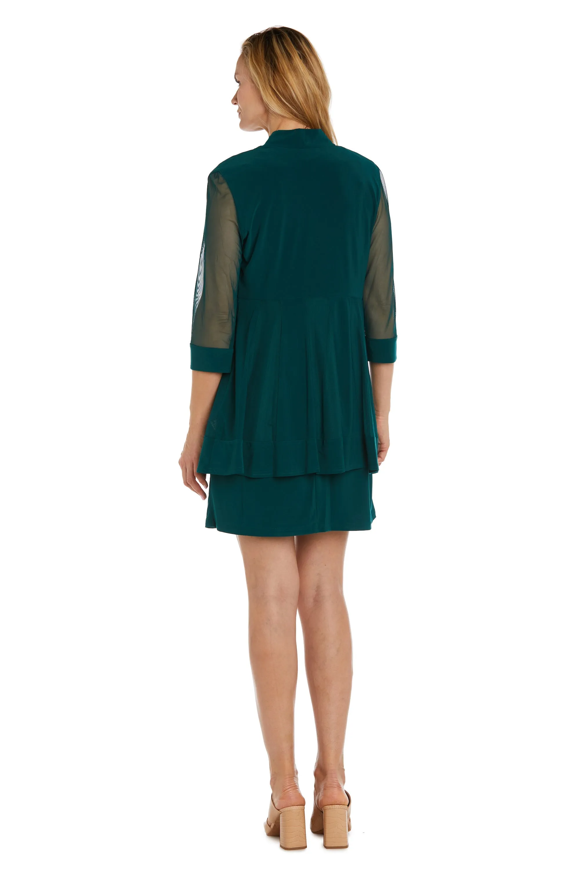 Women Beaded Neck Jacket Dress with Sheer Sleeves