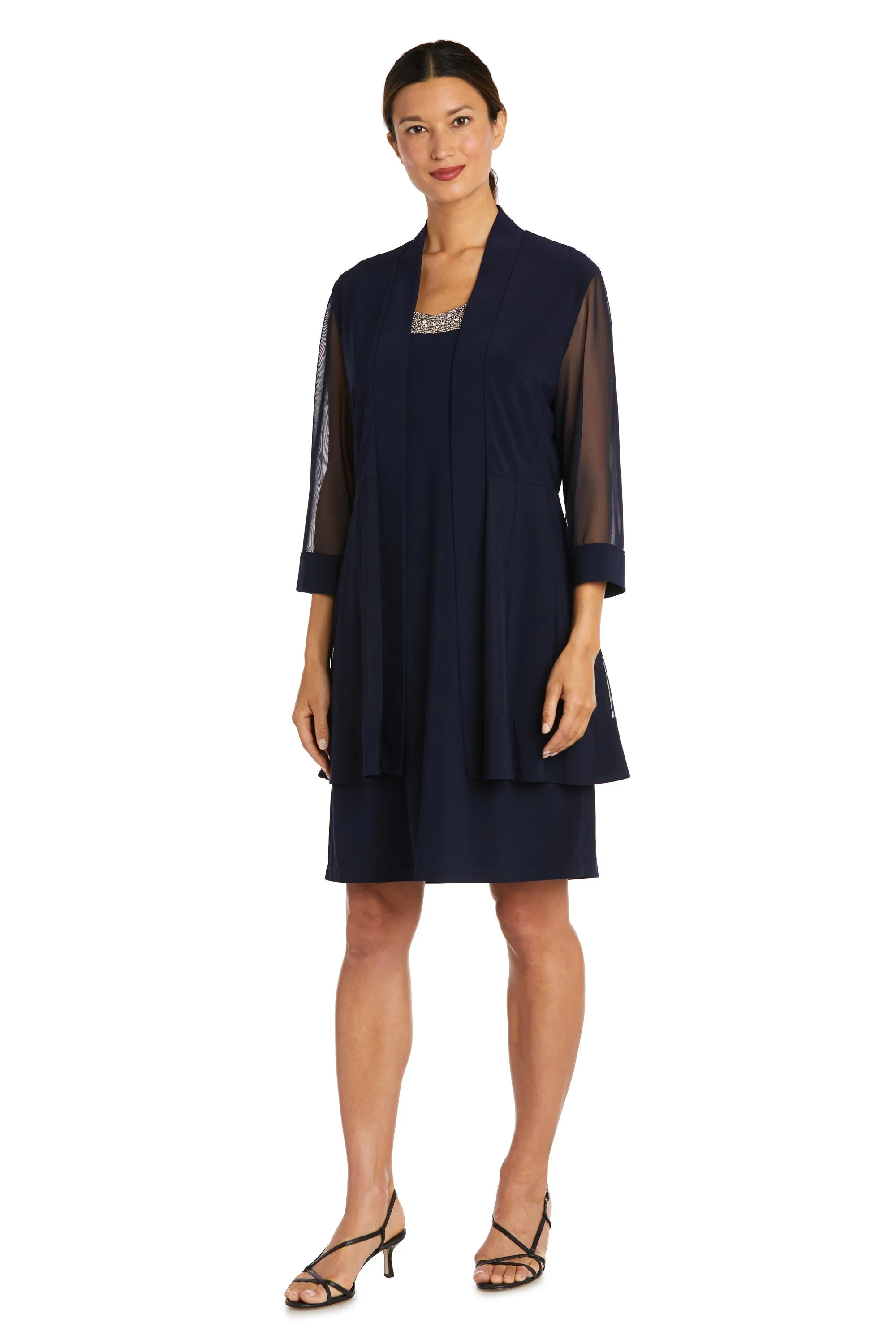 Women Beaded Neck Jacket Dress with Sheer Sleeves