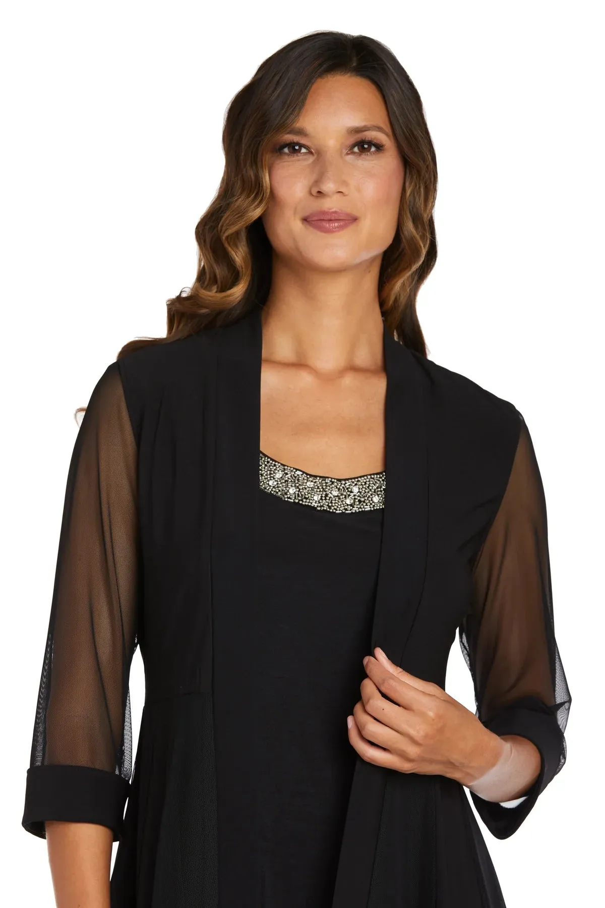 Women Beaded Neck Jacket Dress with Sheer Sleeves