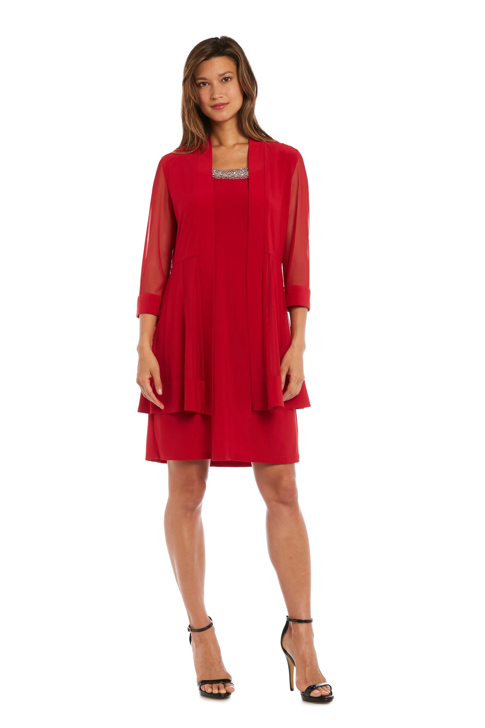 Women Beaded Neck Jacket Dress with Sheer Sleeves
