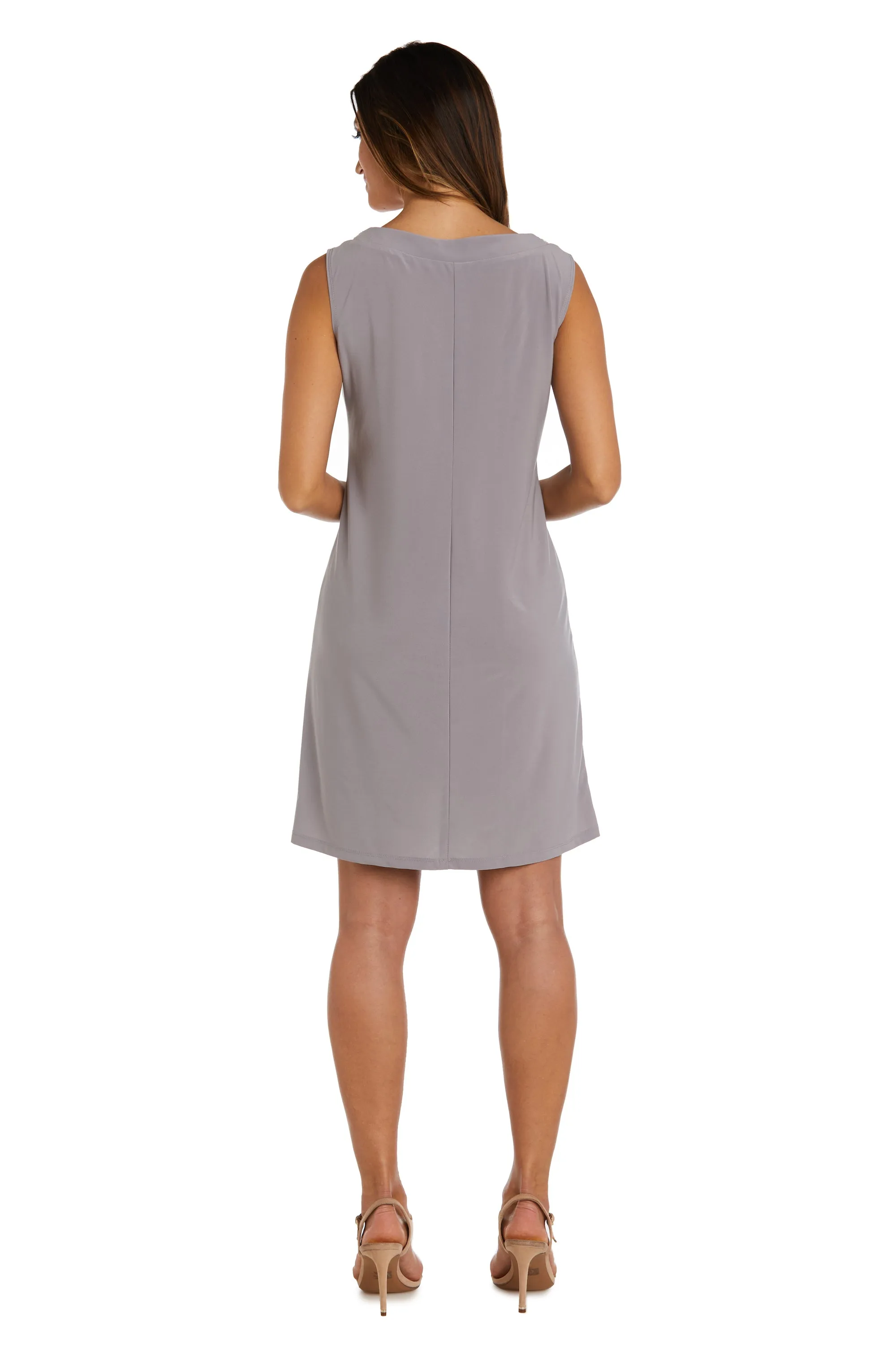 Women Beaded Neck Jacket Dress with Sheer Sleeves