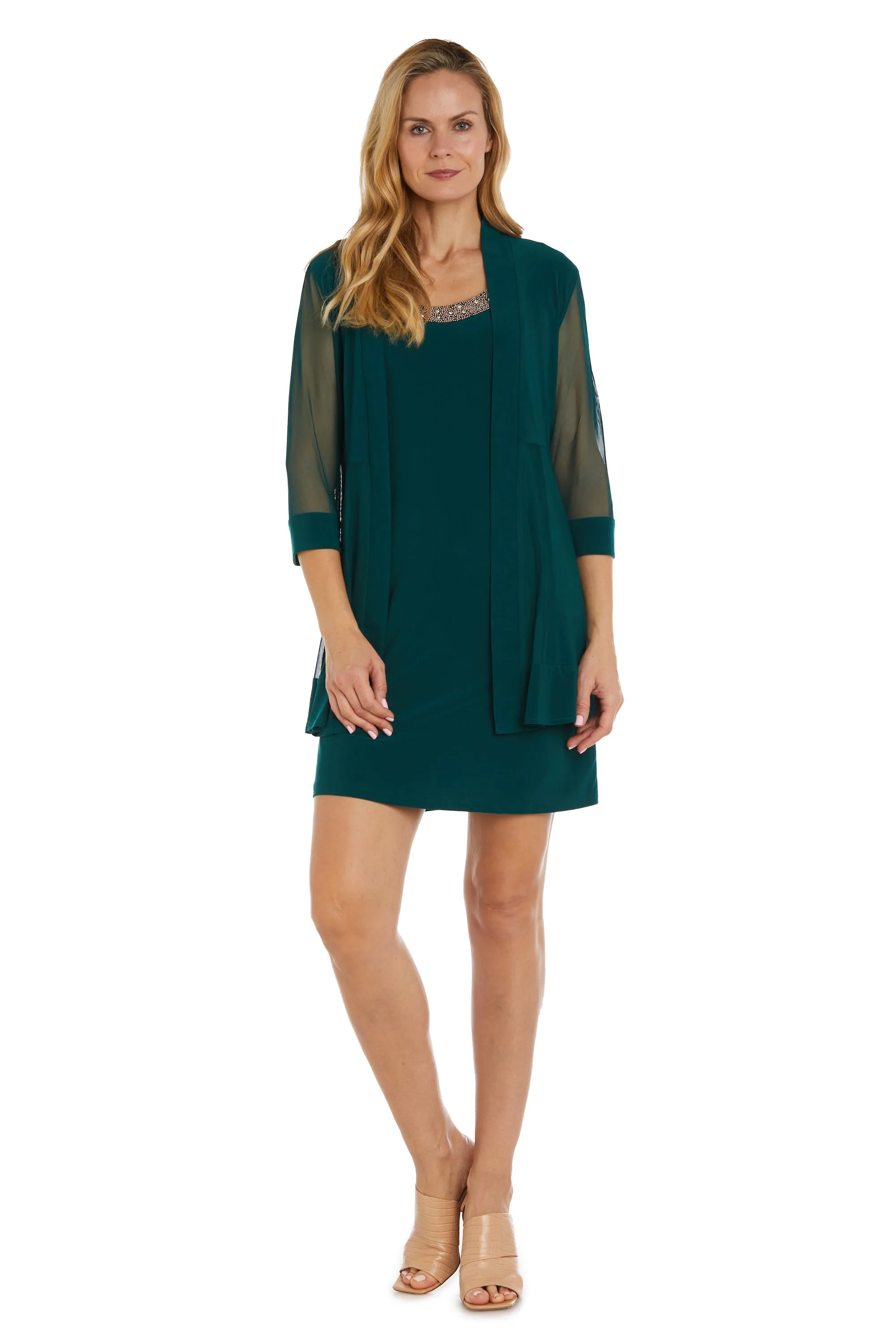 Women Beaded Neck Jacket Dress with Sheer Sleeves
