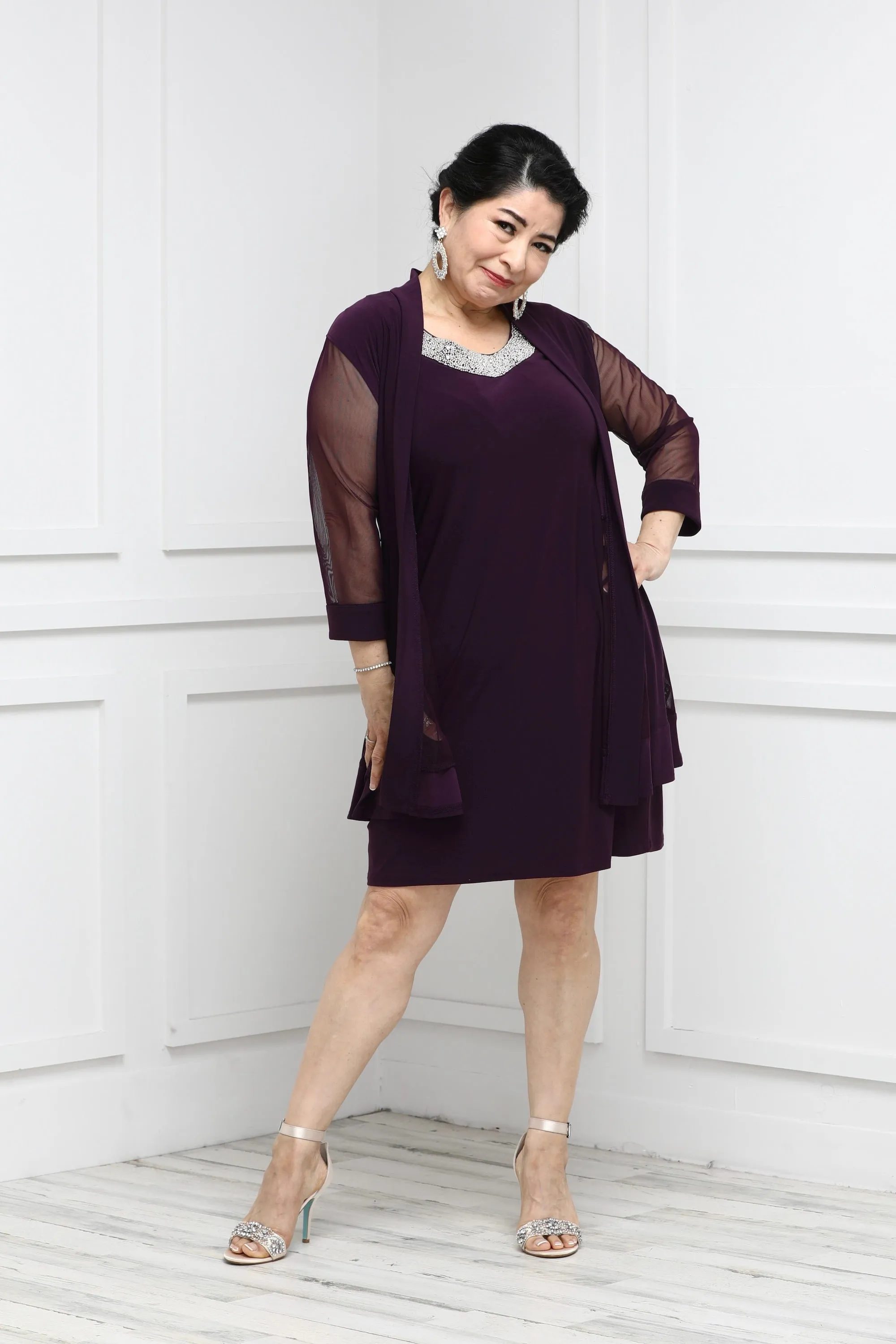 Women Beaded Neck Jacket Dress with Sheer Sleeves