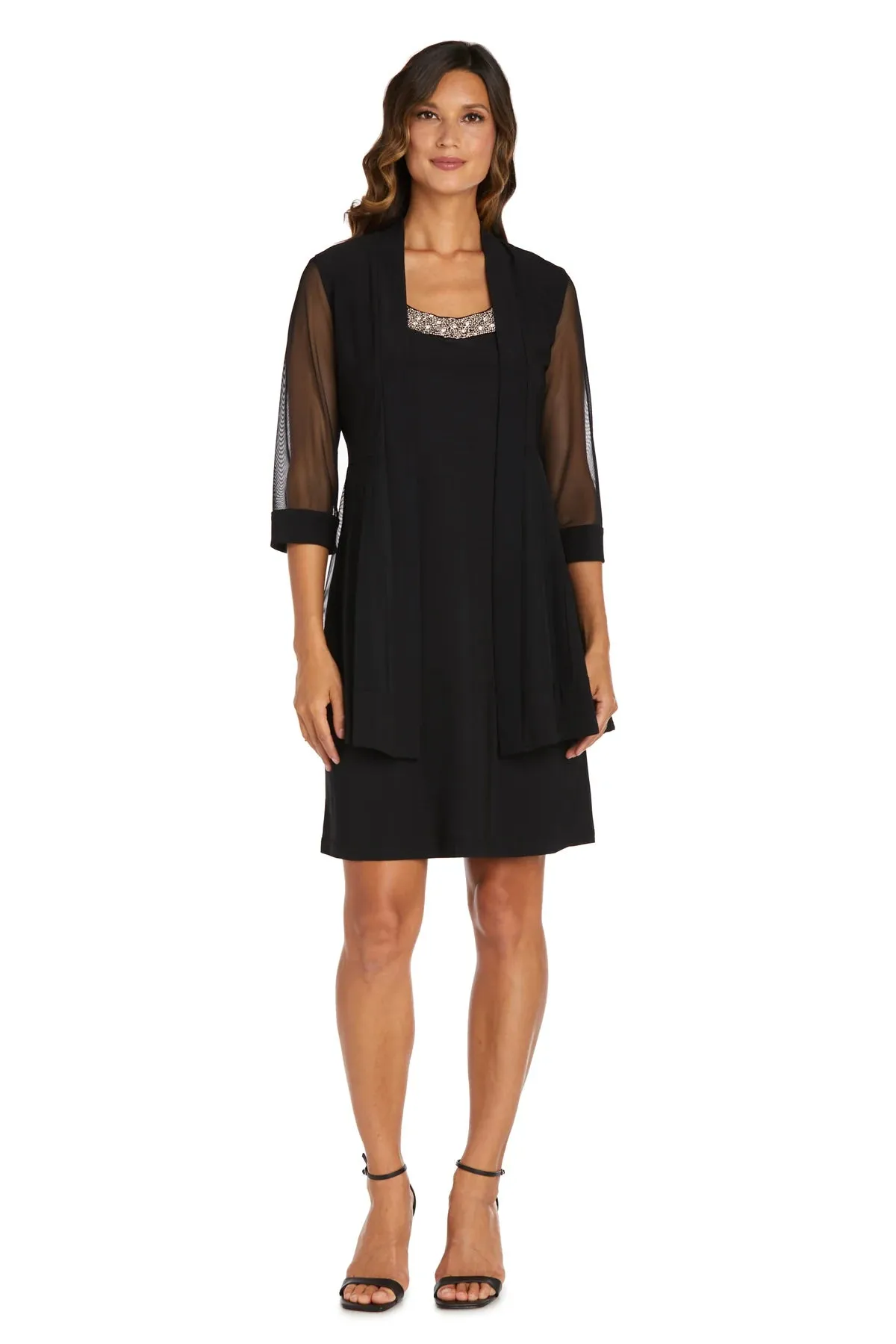 Women Beaded Neck Jacket Dress with Sheer Sleeves
