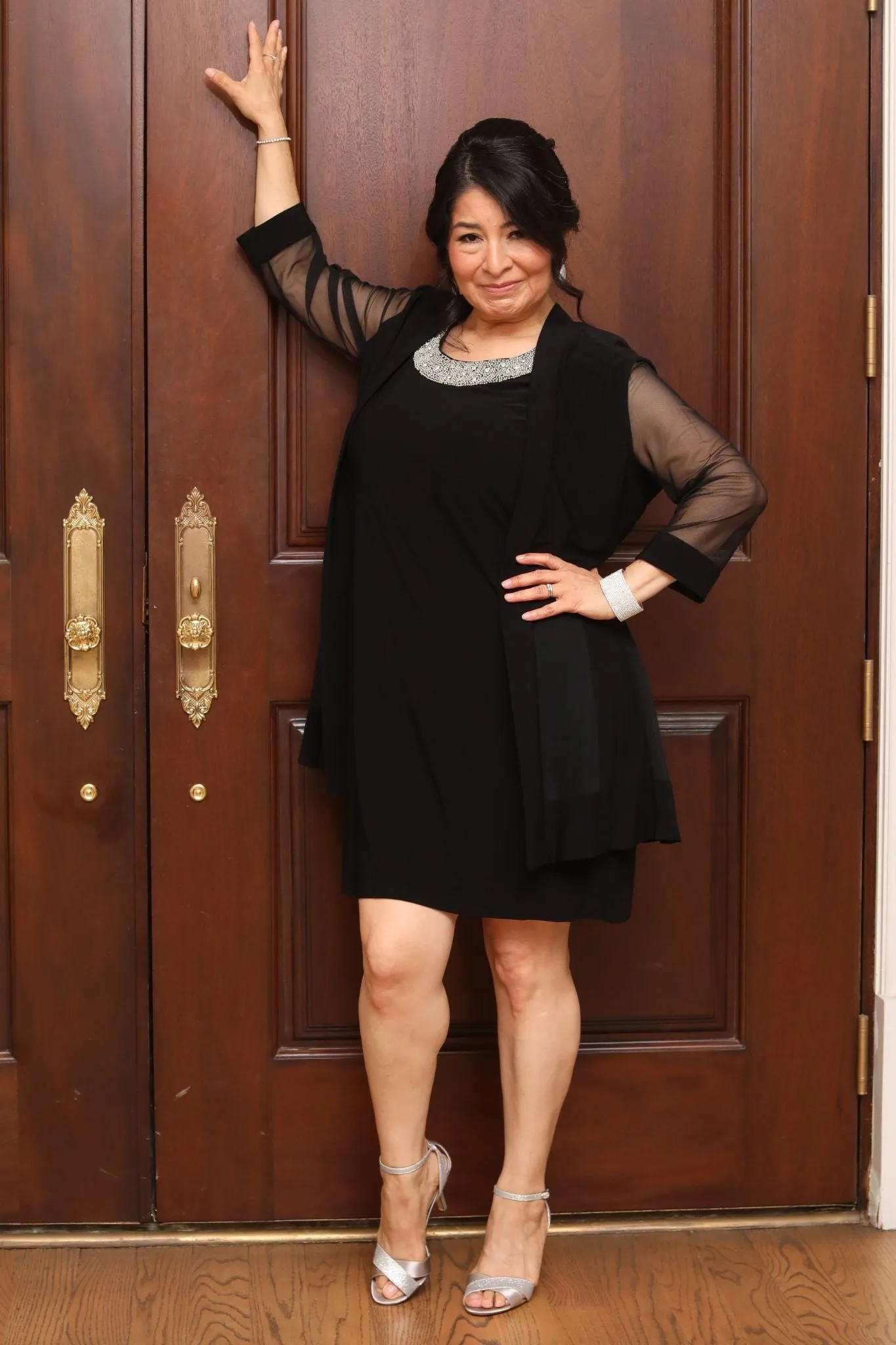 Women Beaded Neck Jacket Dress with Sheer Sleeves