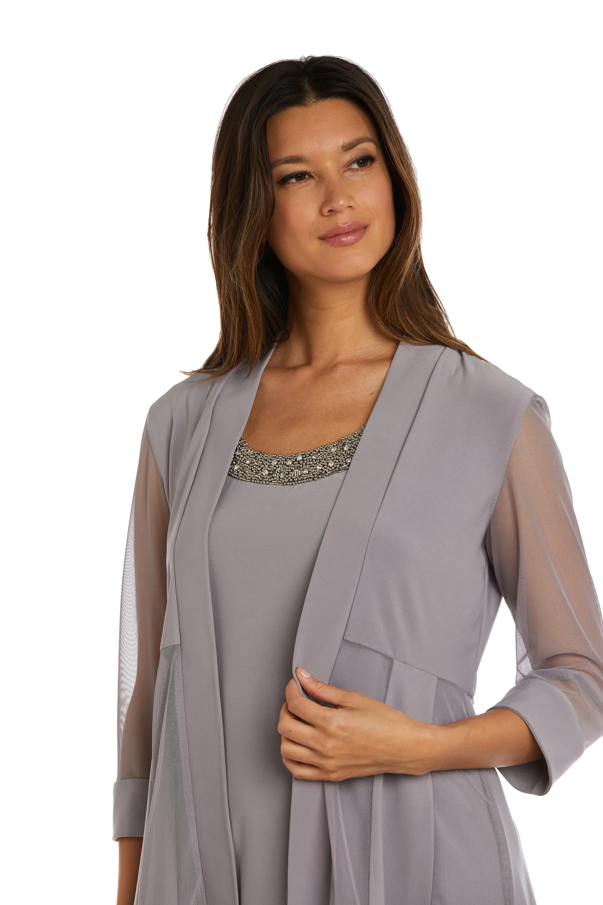 Women Beaded Neck Jacket Dress with Sheer Sleeves