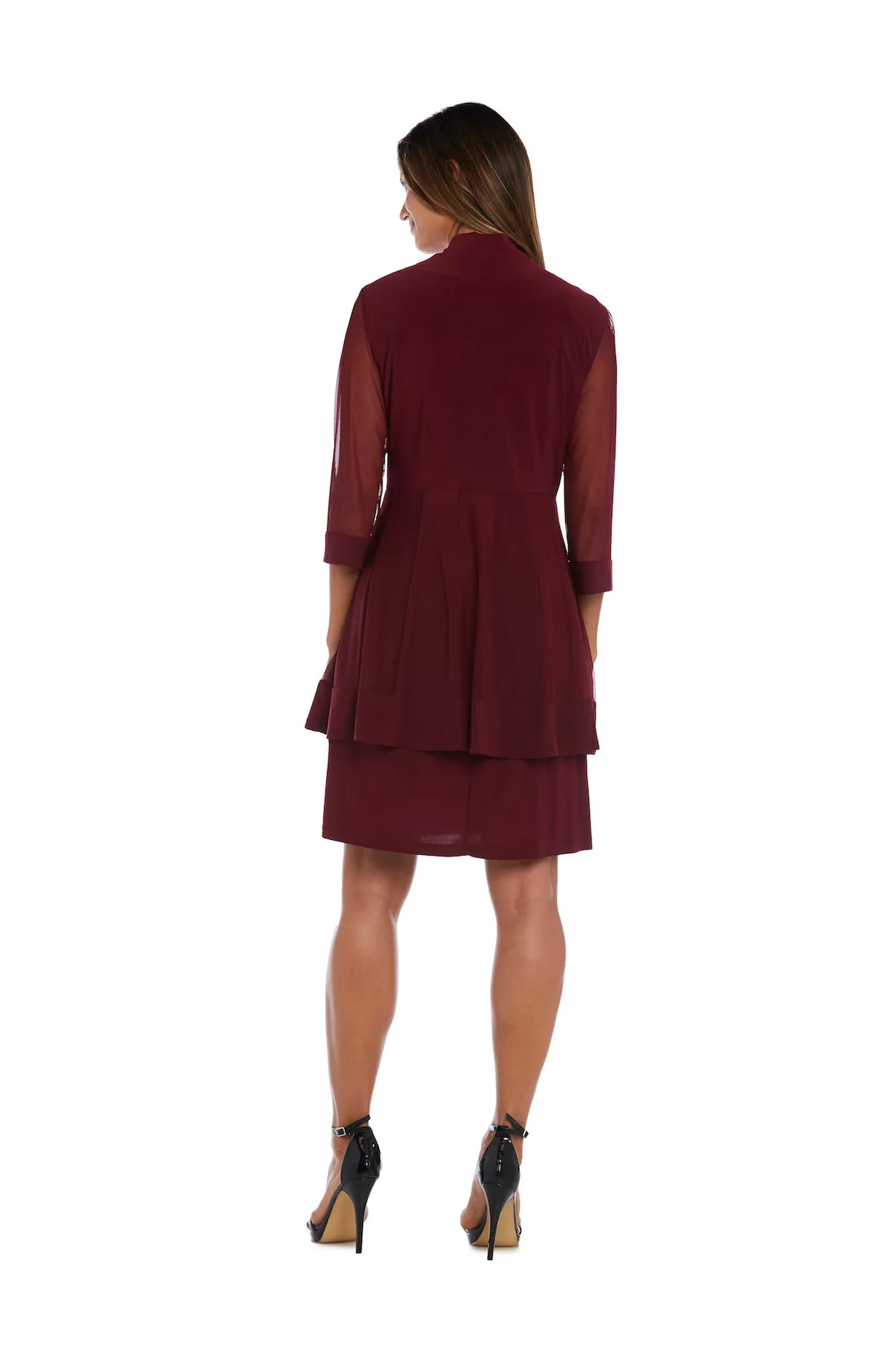Women Beaded Neck Jacket Dress with Sheer Sleeves