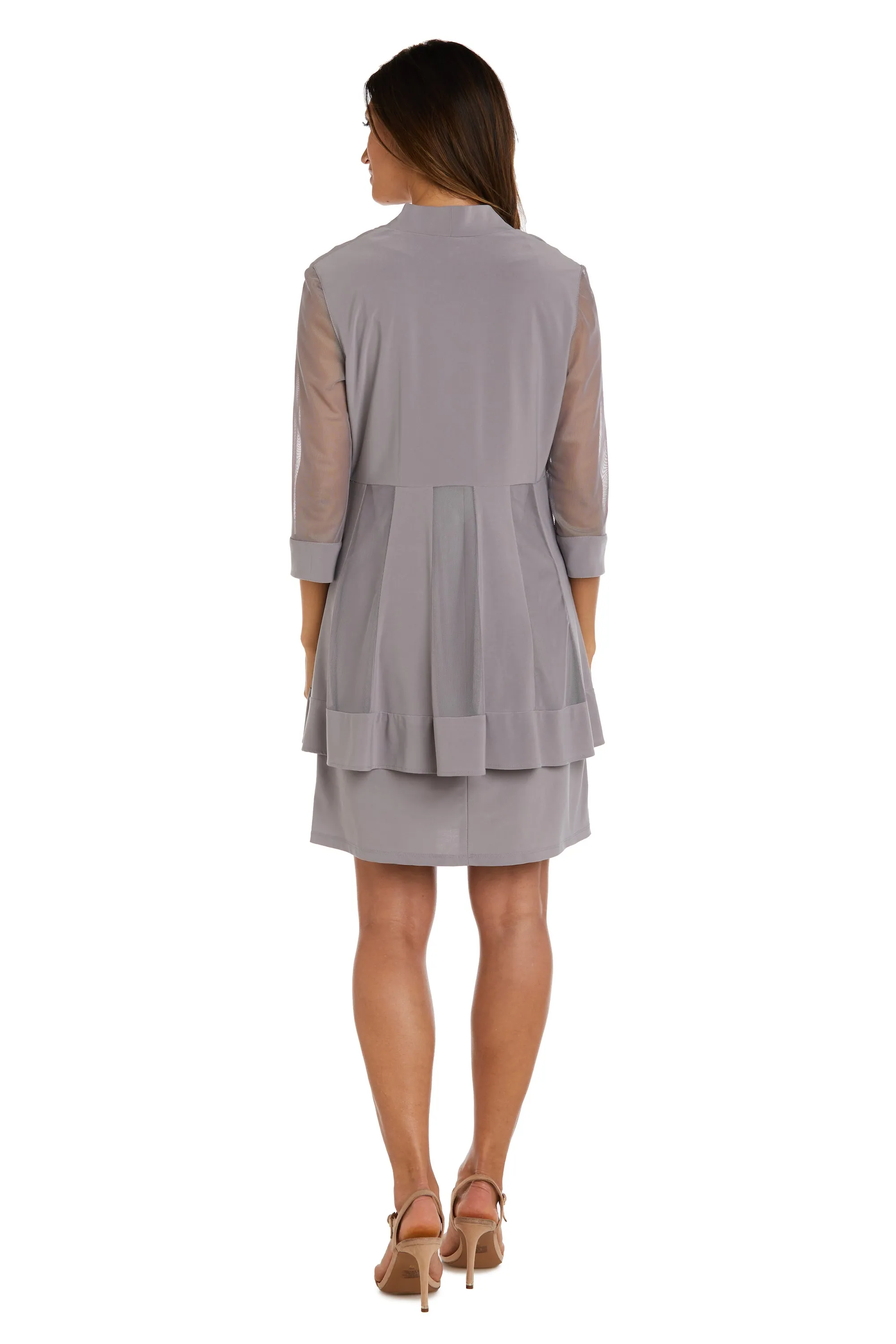 Women Beaded Neck Jacket Dress with Sheer Sleeves
