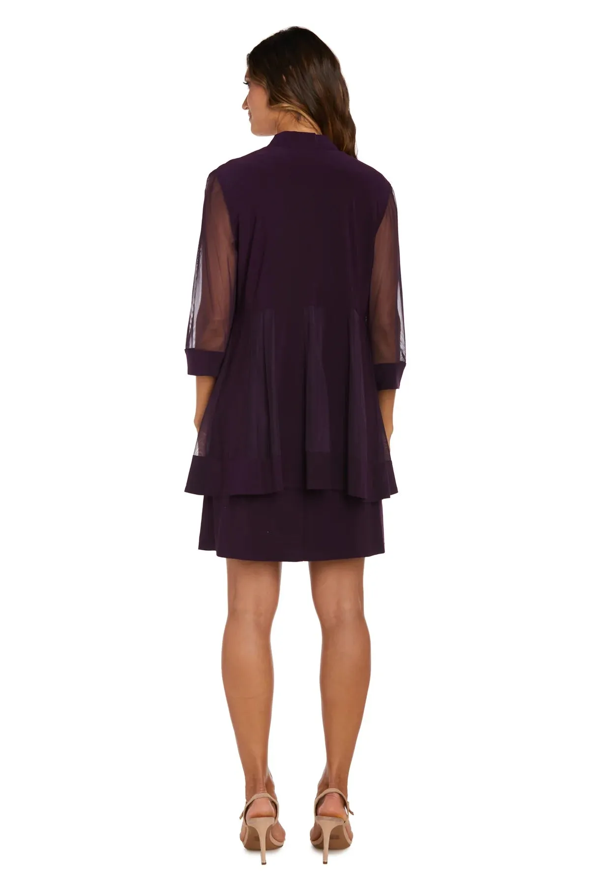 Women Beaded Neck Jacket Dress with Sheer Sleeves