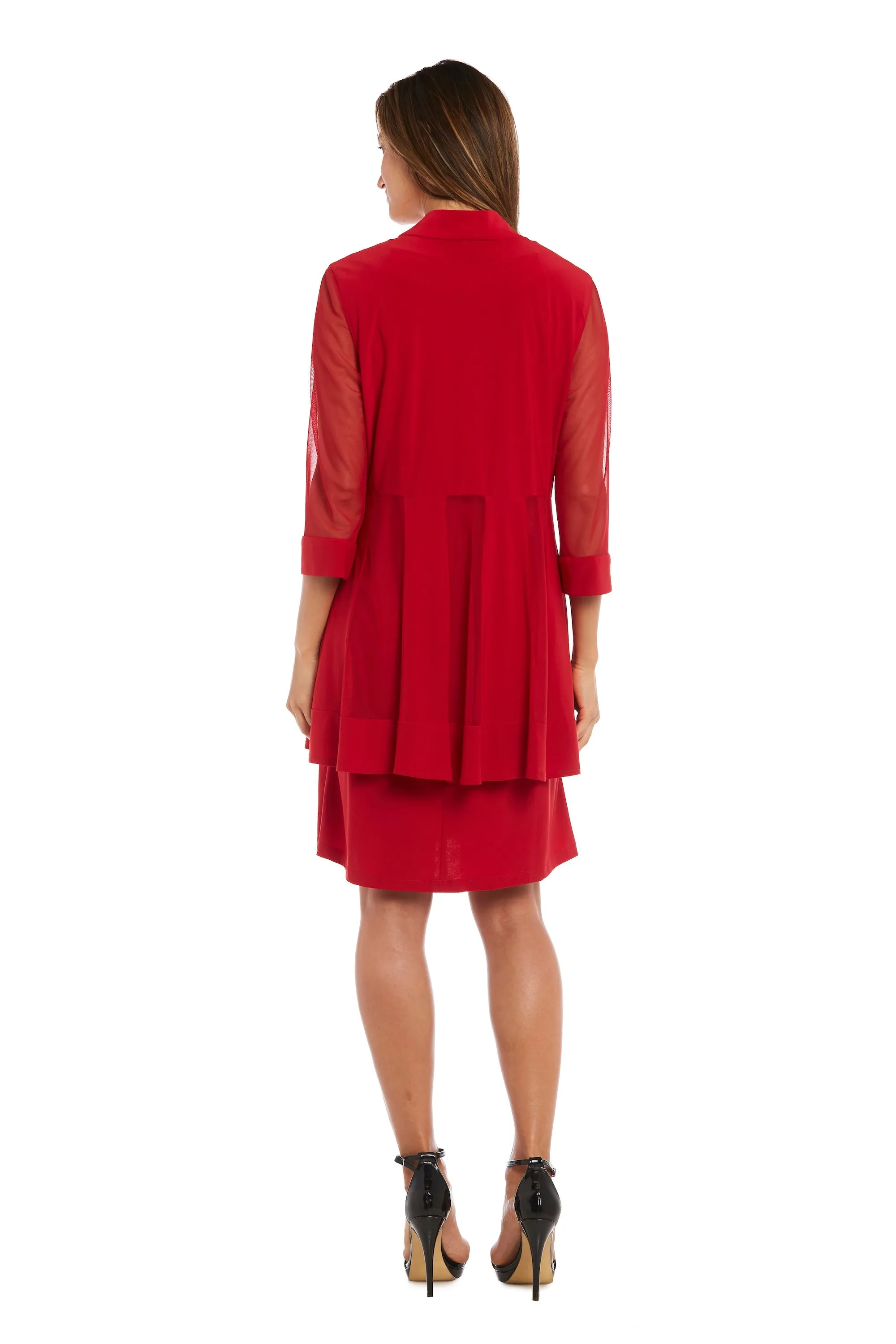 Women Beaded Neck Jacket Dress with Sheer Sleeves