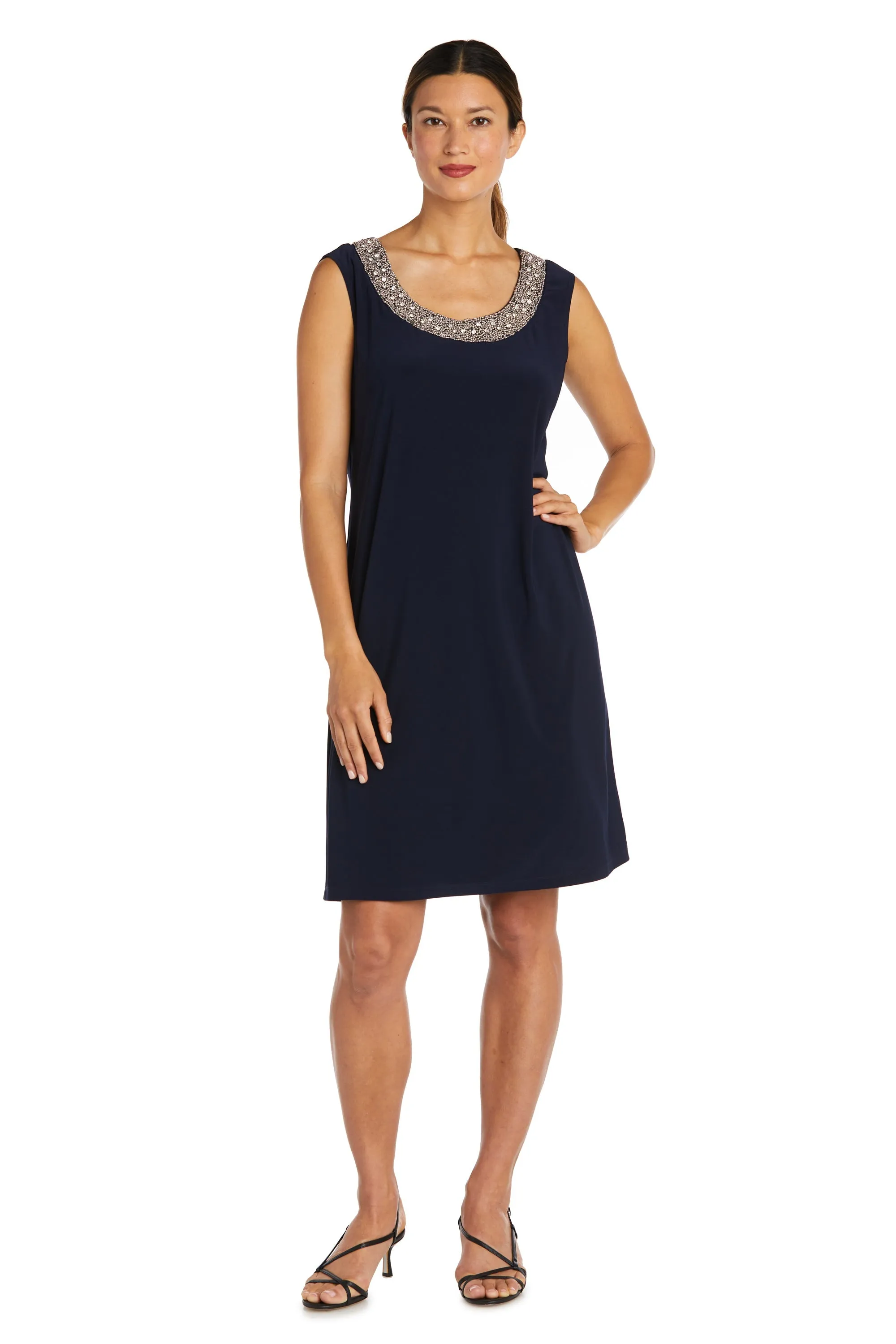 Women Beaded Neck Jacket Dress with Sheer Sleeves