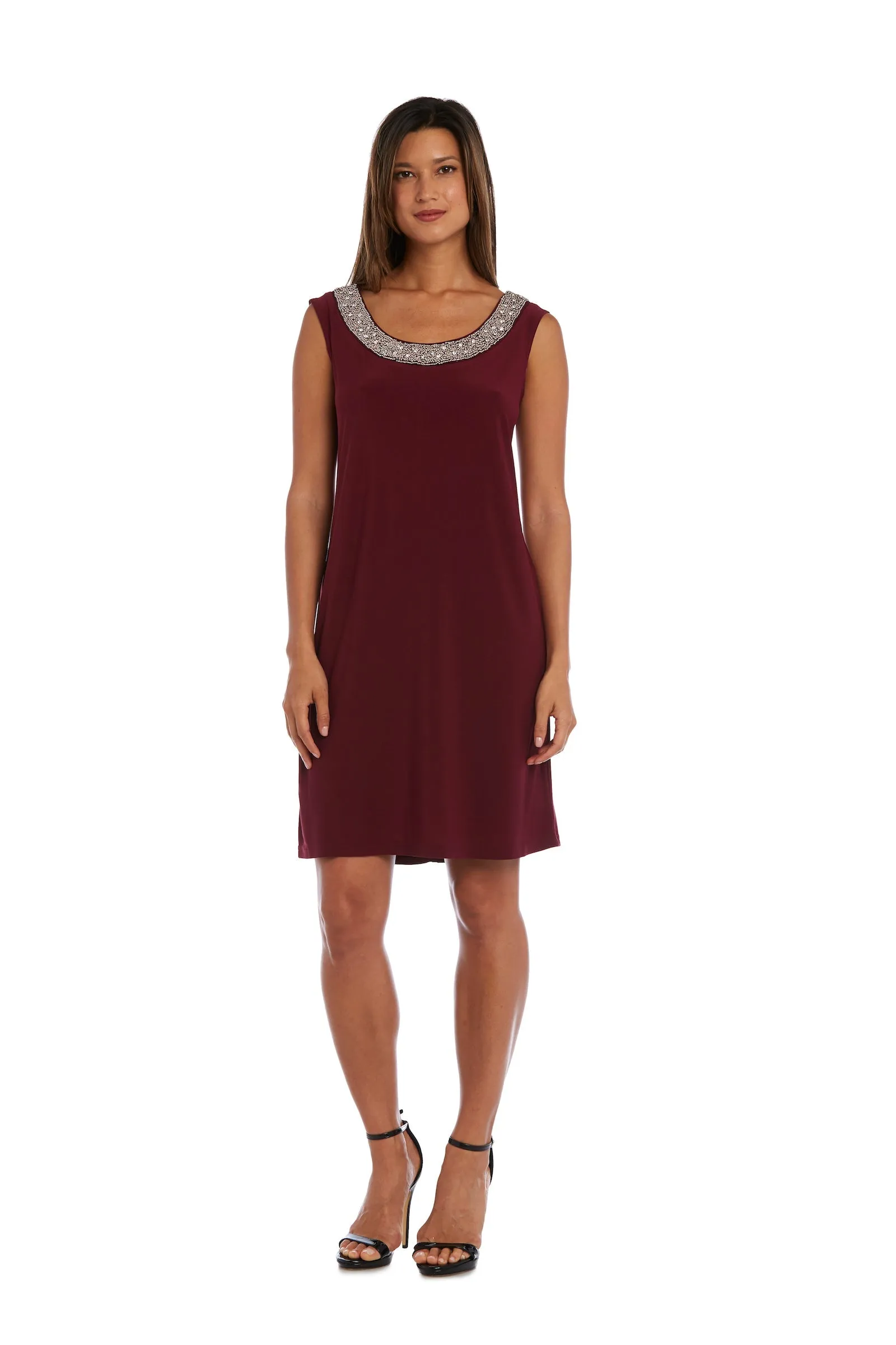 Women Beaded Neck Jacket Dress with Sheer Sleeves