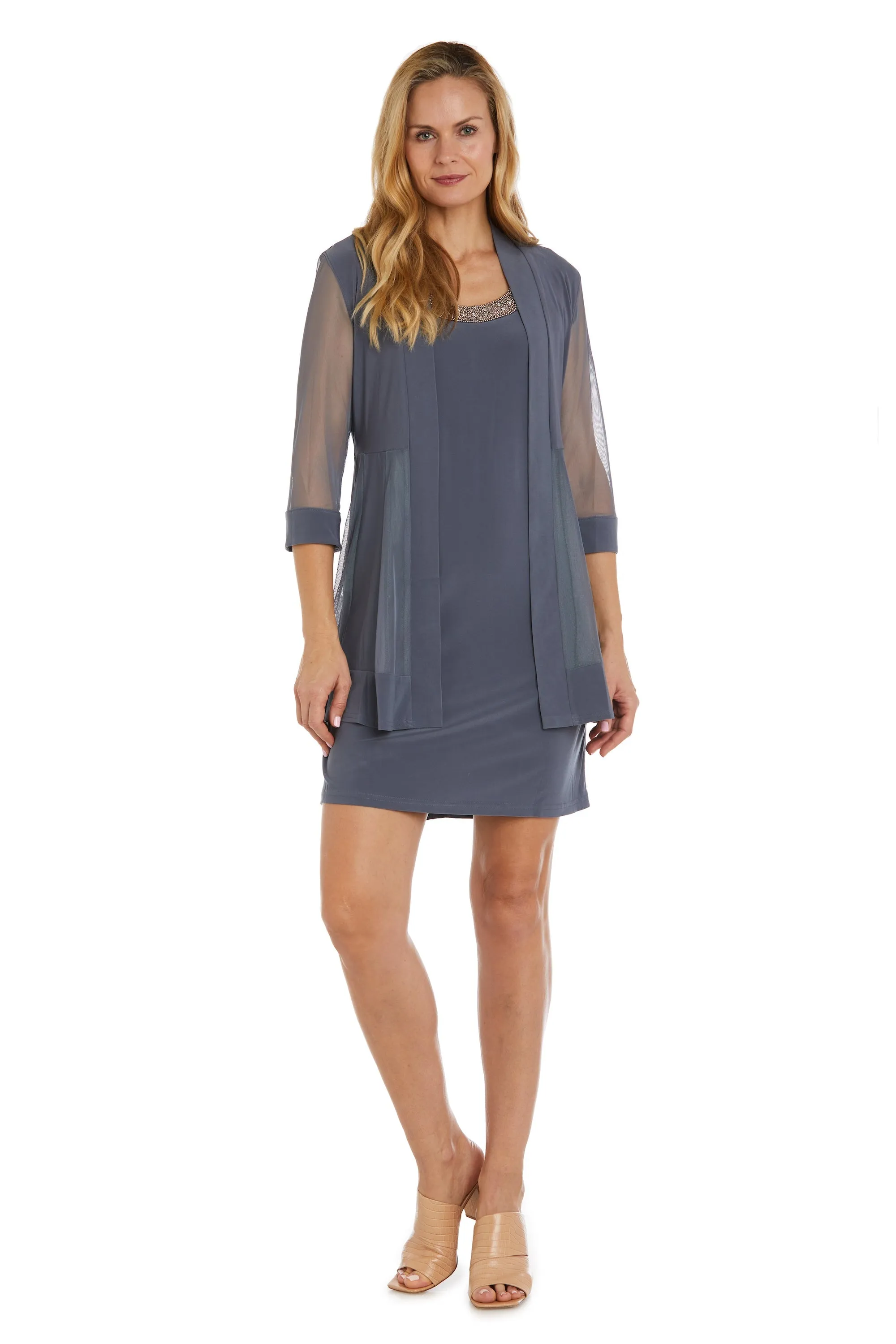 Women Beaded Neck Jacket Dress with Sheer Sleeves