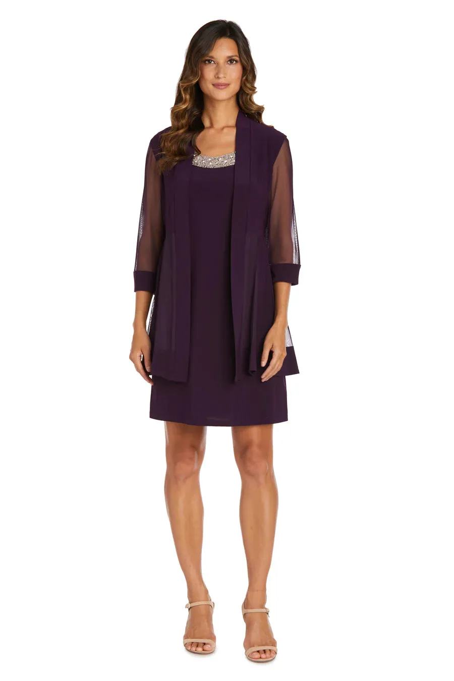 Women Beaded Neck Jacket Dress with Sheer Sleeves