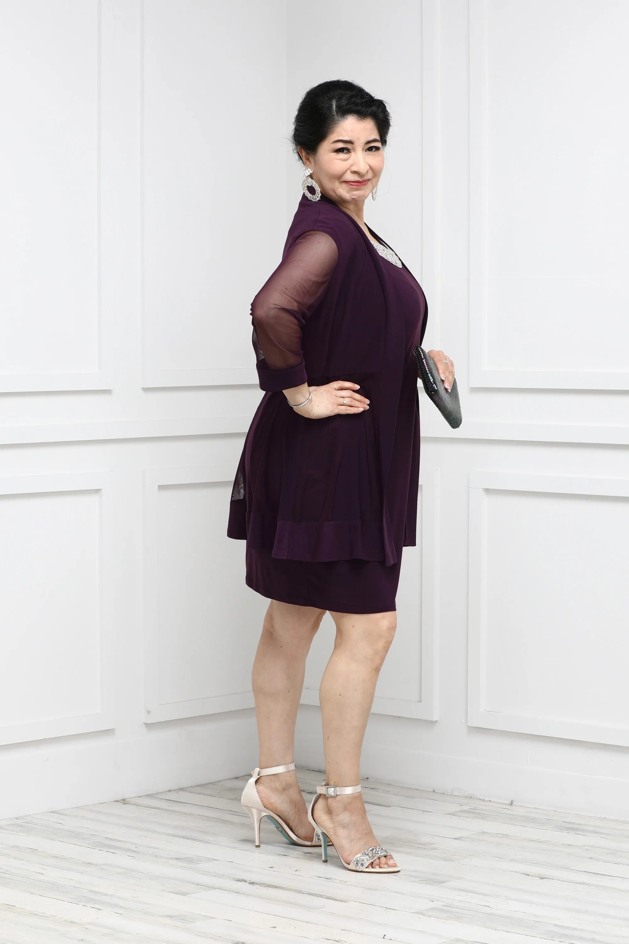 Women Beaded Neck Jacket Dress with Sheer Sleeves