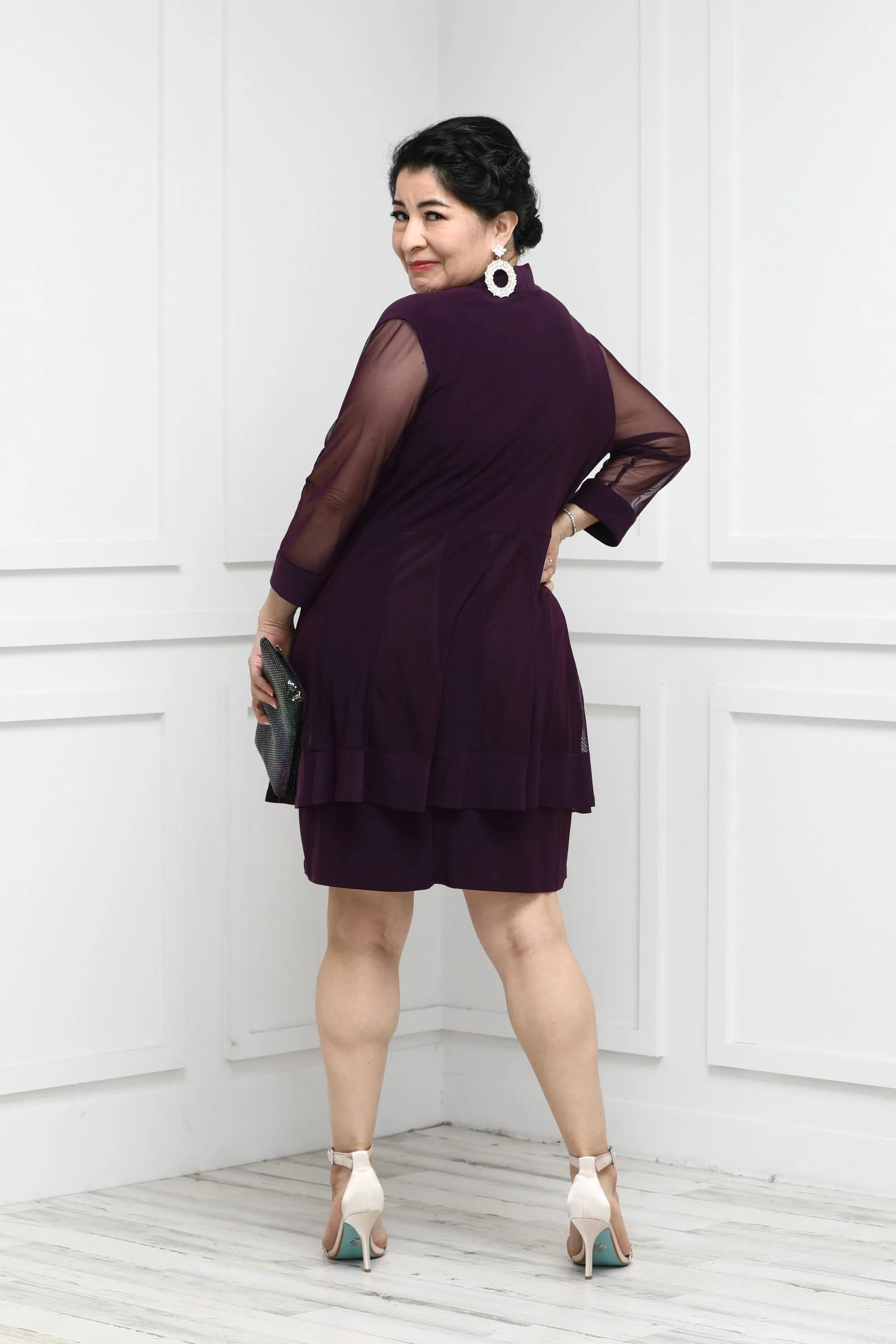 Women Beaded Neck Jacket Dress with Sheer Sleeves