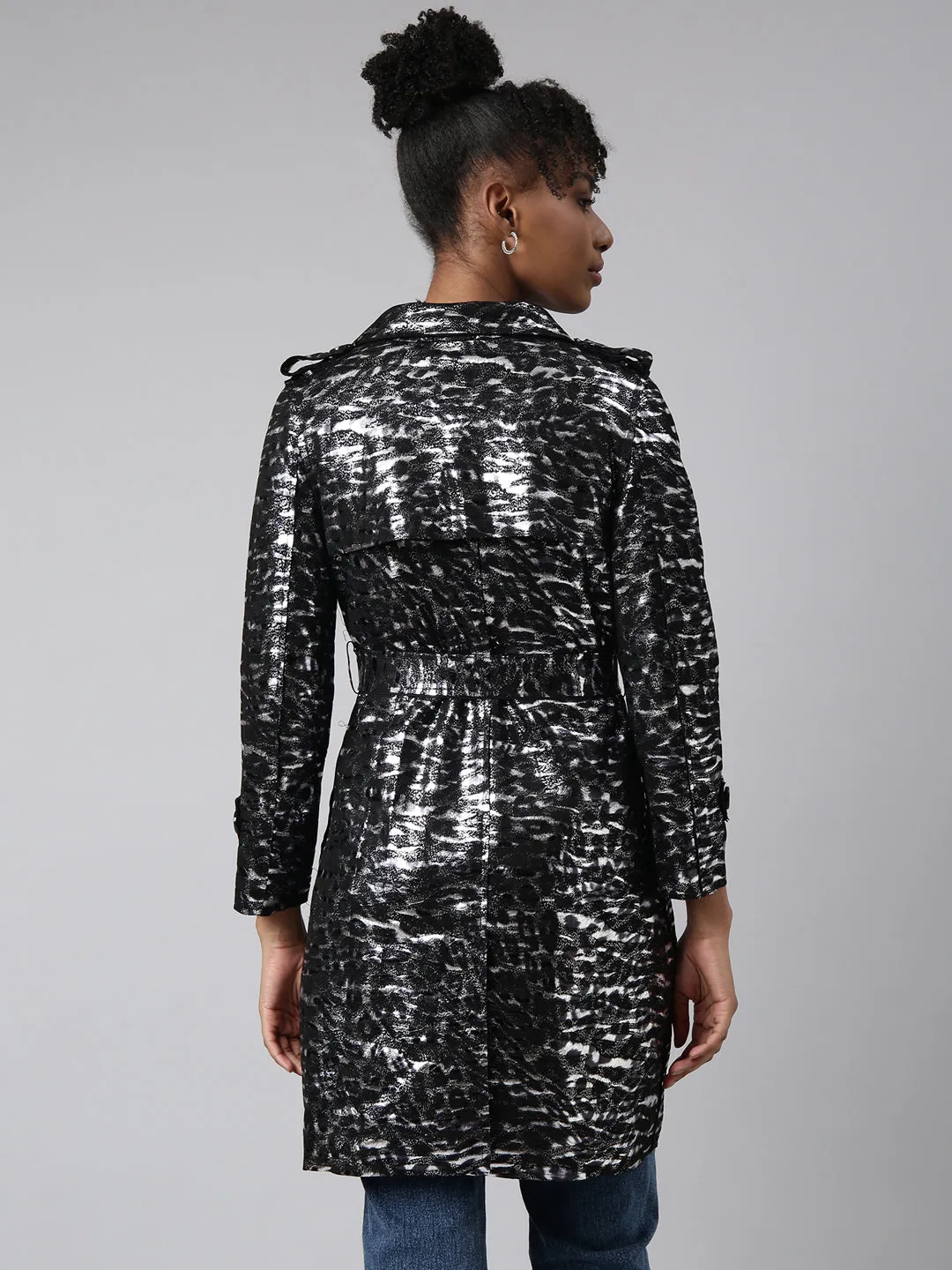 Women Black Abstract Printed Longline Trench Coat