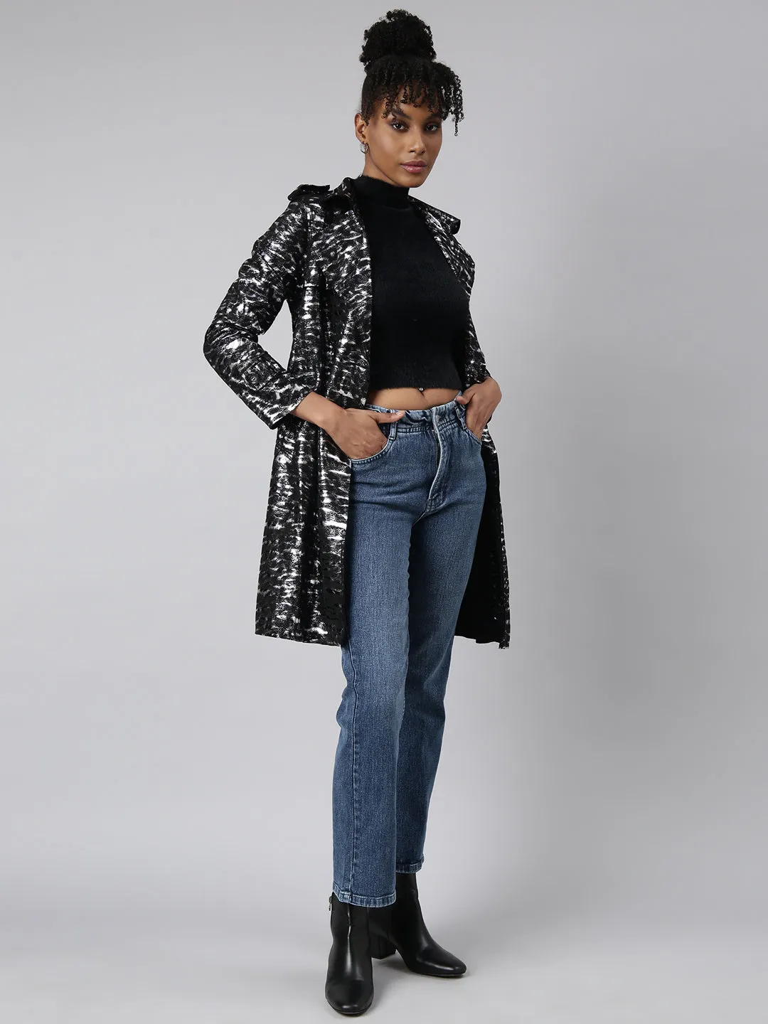 Women Black Abstract Printed Longline Trench Coat